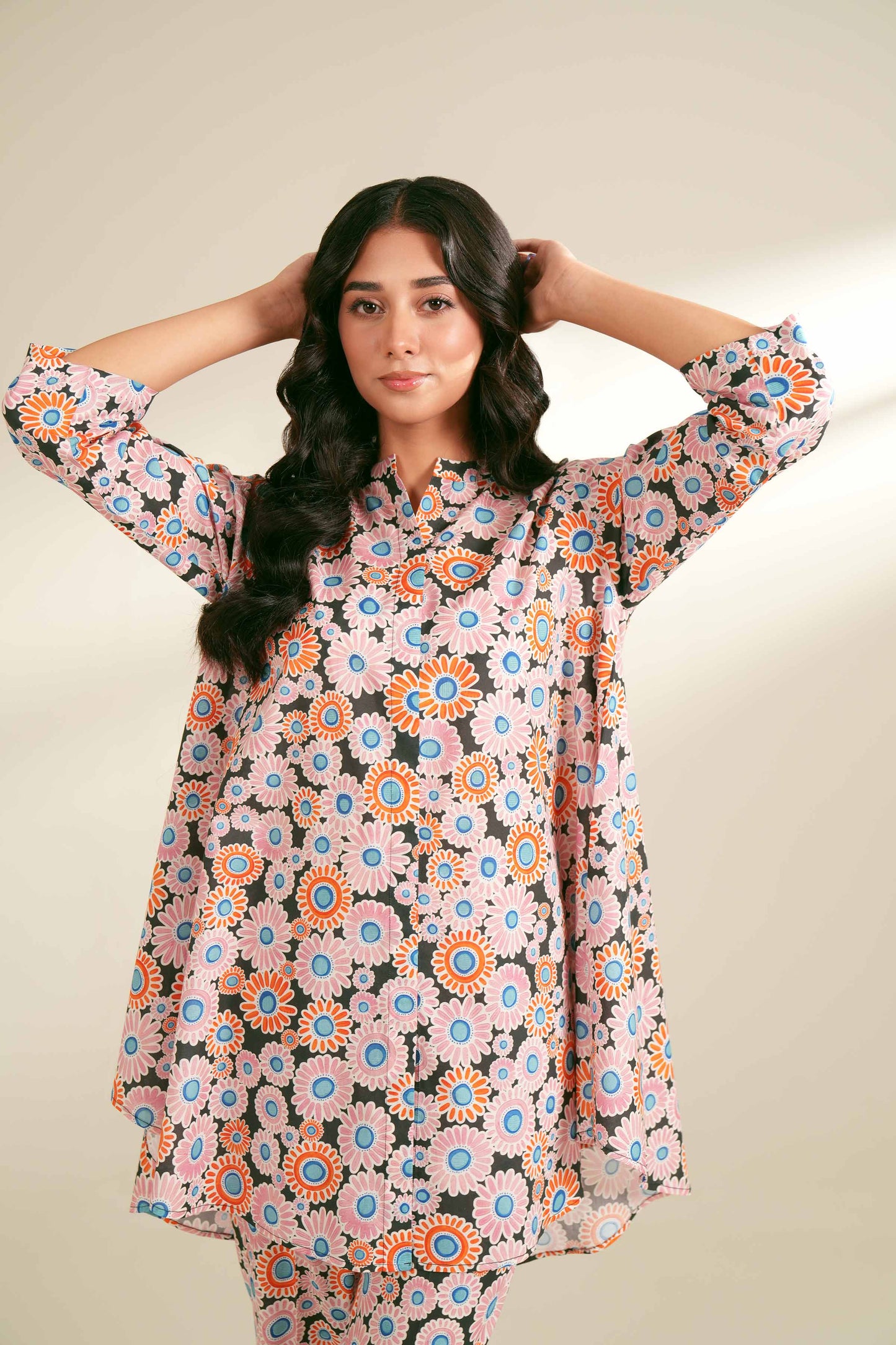 Playful Pastel Pink Daisy Print Kurta & Pant Co-ord