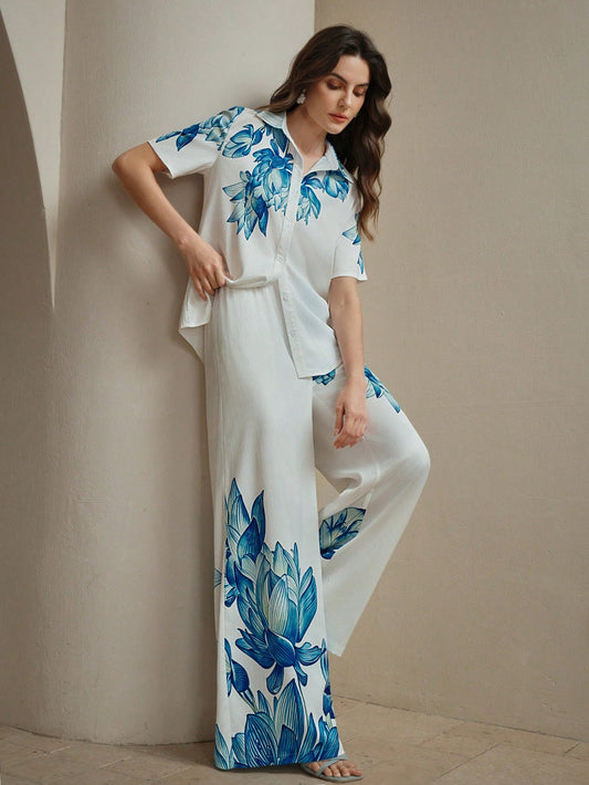 Multicolour Holiday Print Short Sleeve Shirt & Straight Leg Co-ord Set