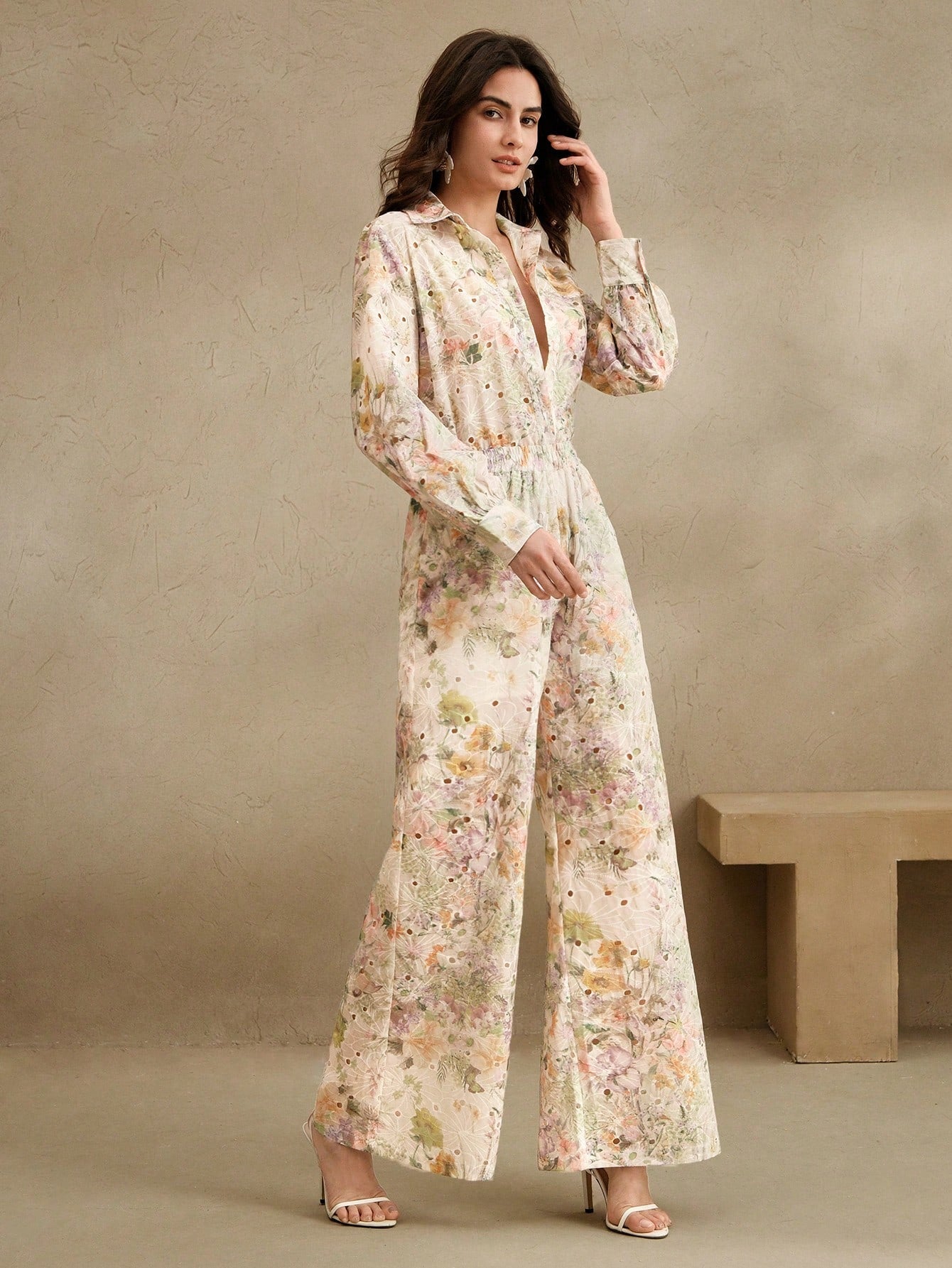 Multicolour Front Button Long Sleeve Printed Blouse And Pants Co-ord Set