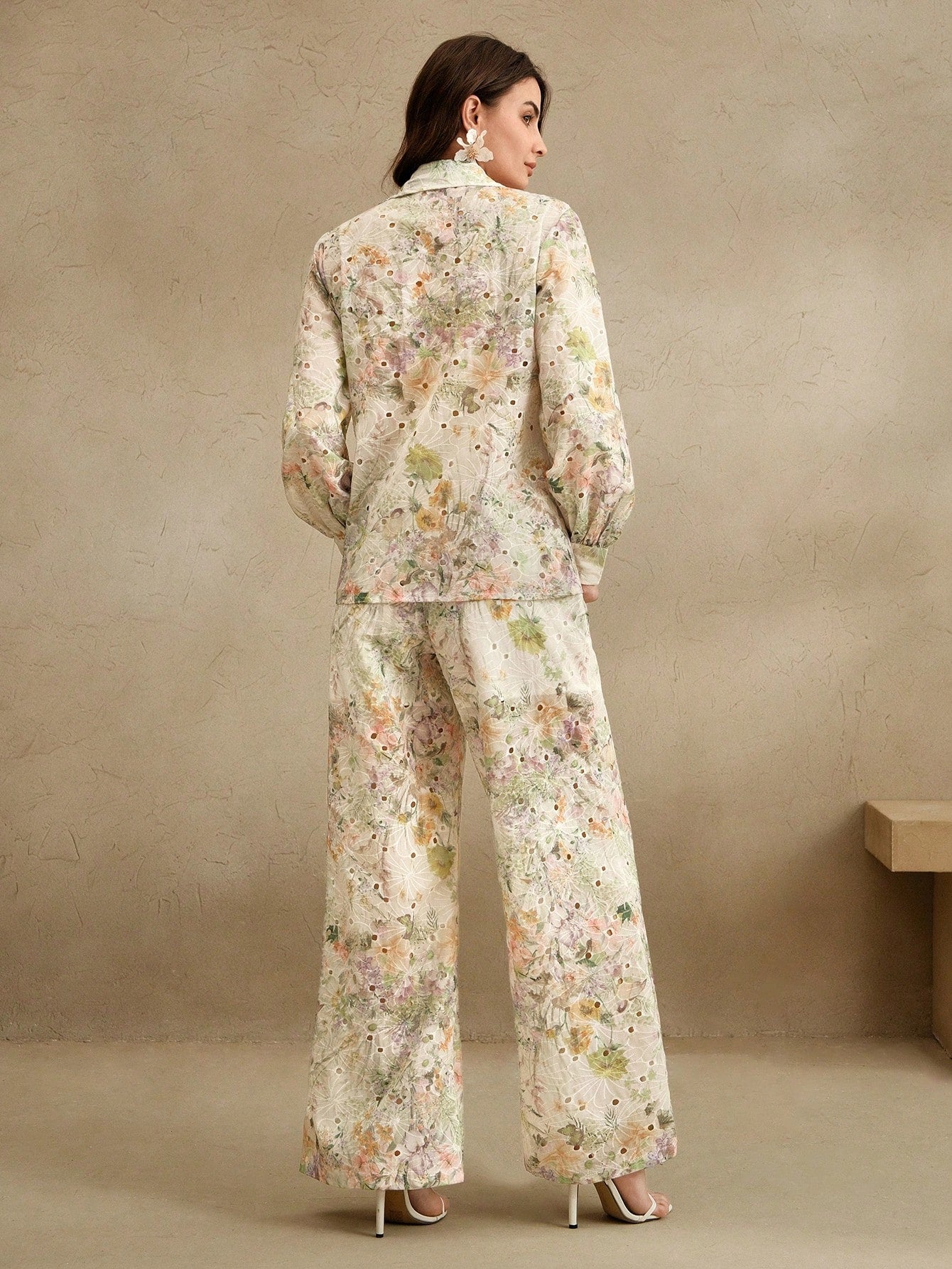 Multicolour Front Button Long Sleeve Printed Blouse And Pants Co-ord Set