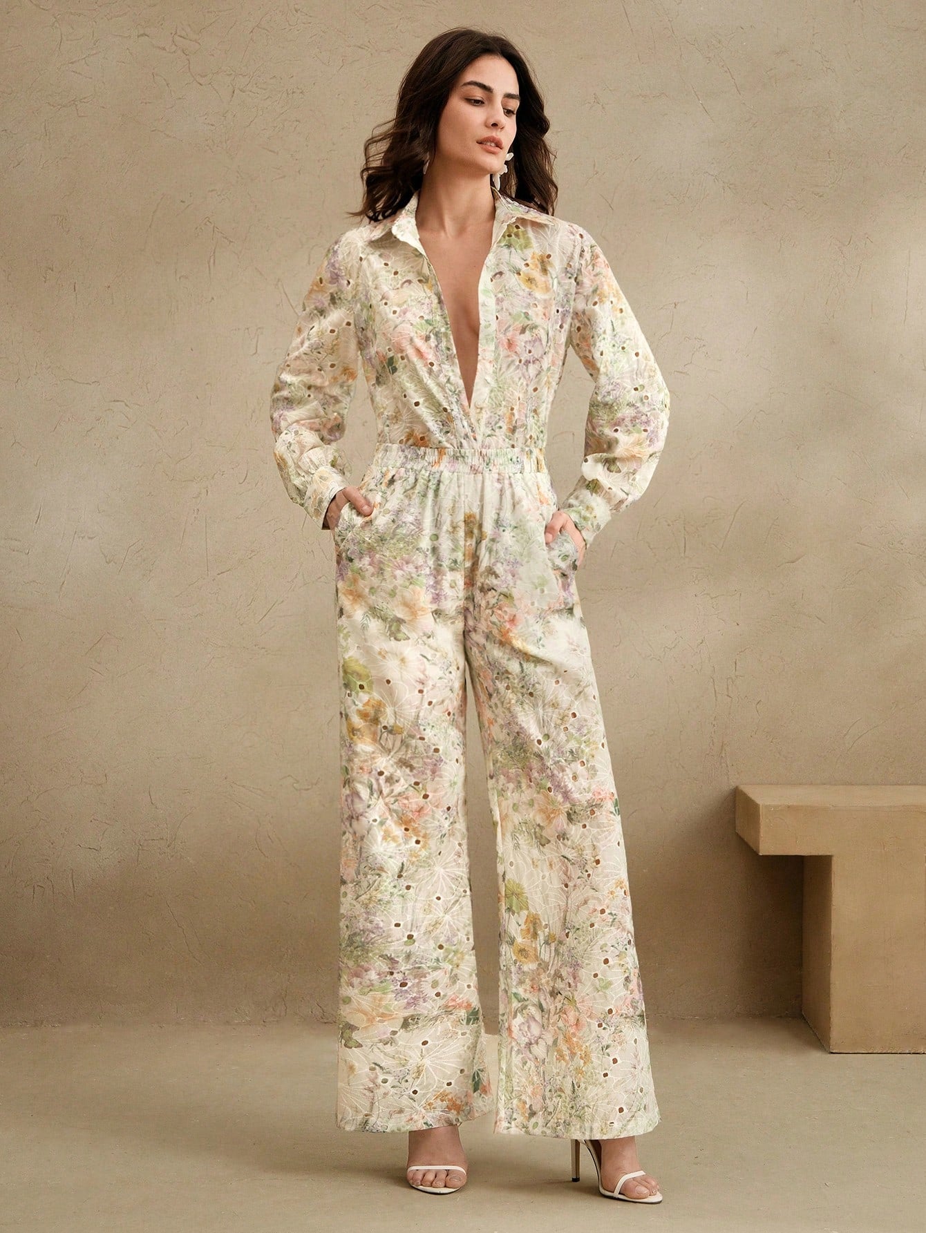 Multicolour Front Button Long Sleeve Printed Blouse And Pants Co-ord Set
