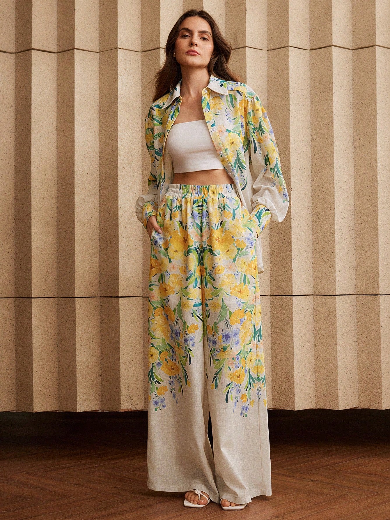 2pcs Apricot Floral Printed Ladies' Shirt And Pants Co-ord Set