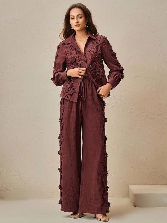 Cotton Lace Trim Hollow Out Design Turndown Collar Co-ord Set