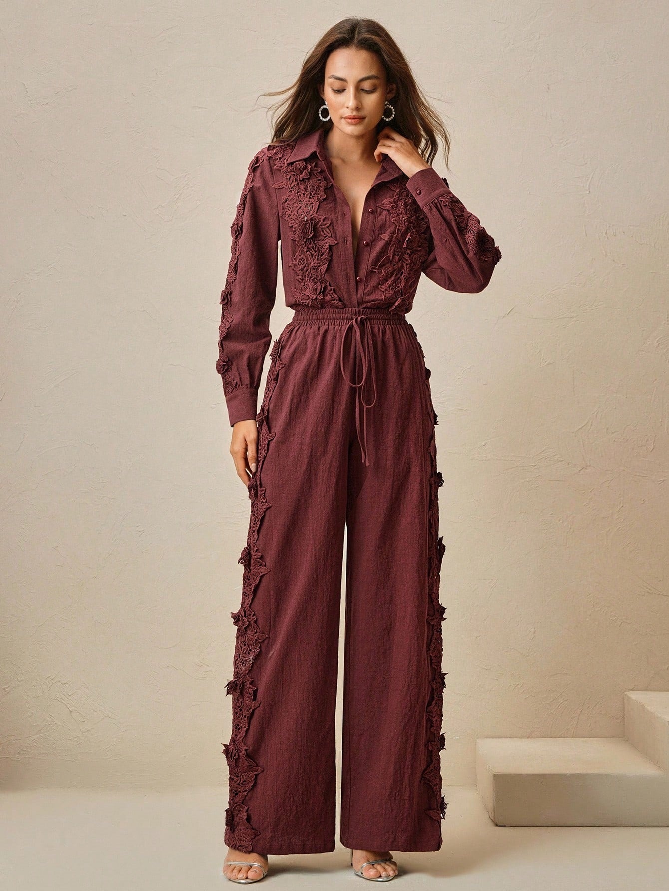 Cotton Lace Trim Hollow Out Design Turndown Collar Co-ord Set