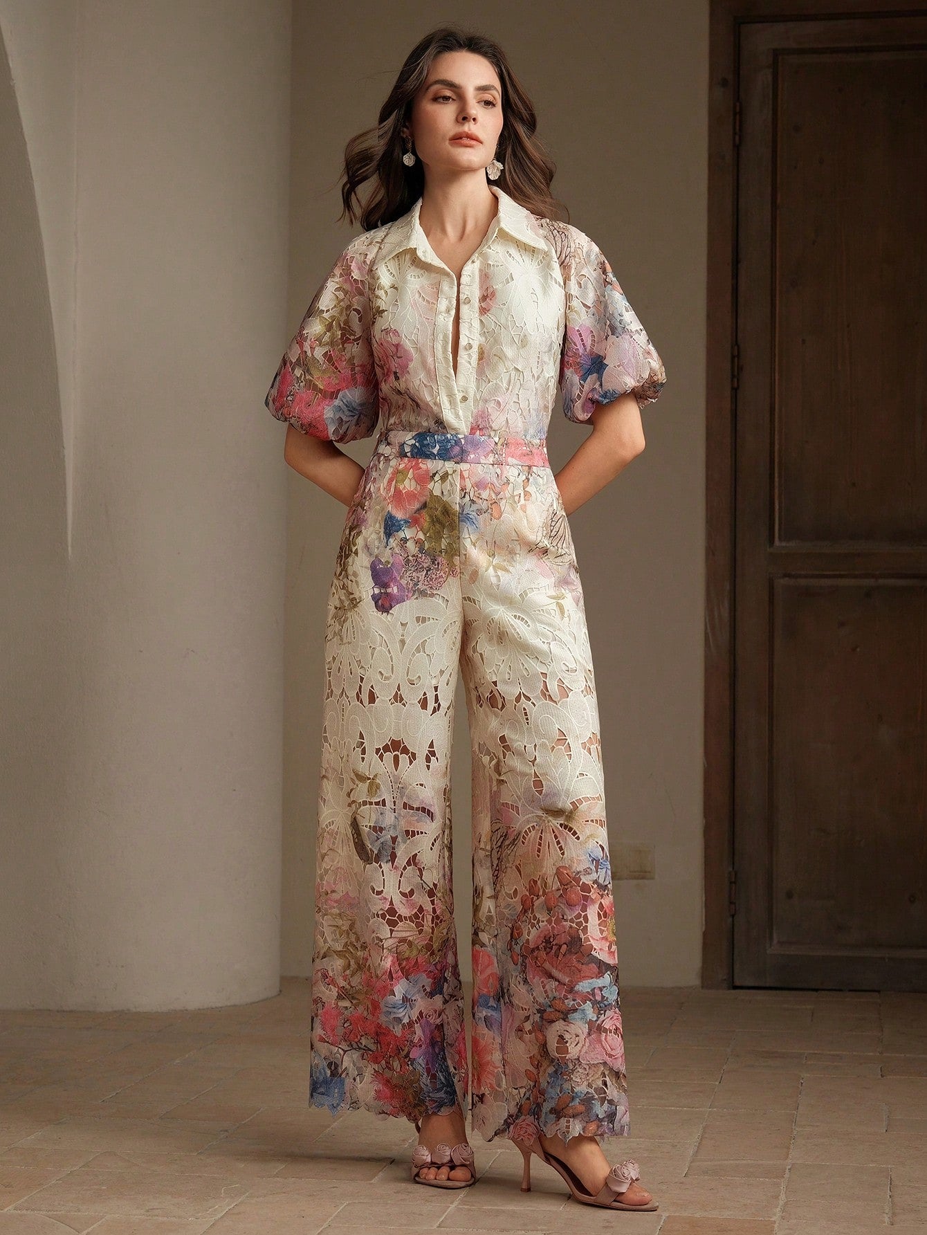 Floral Embroidered Puff Sleeve Co-ord Set