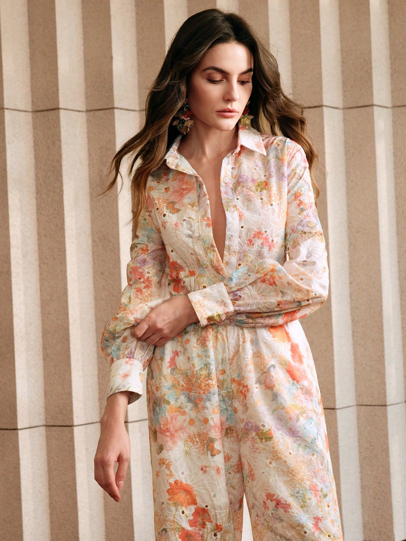 Multicolour Front Button Long Sleeve Printed Blouse And Pants Co-ord Set