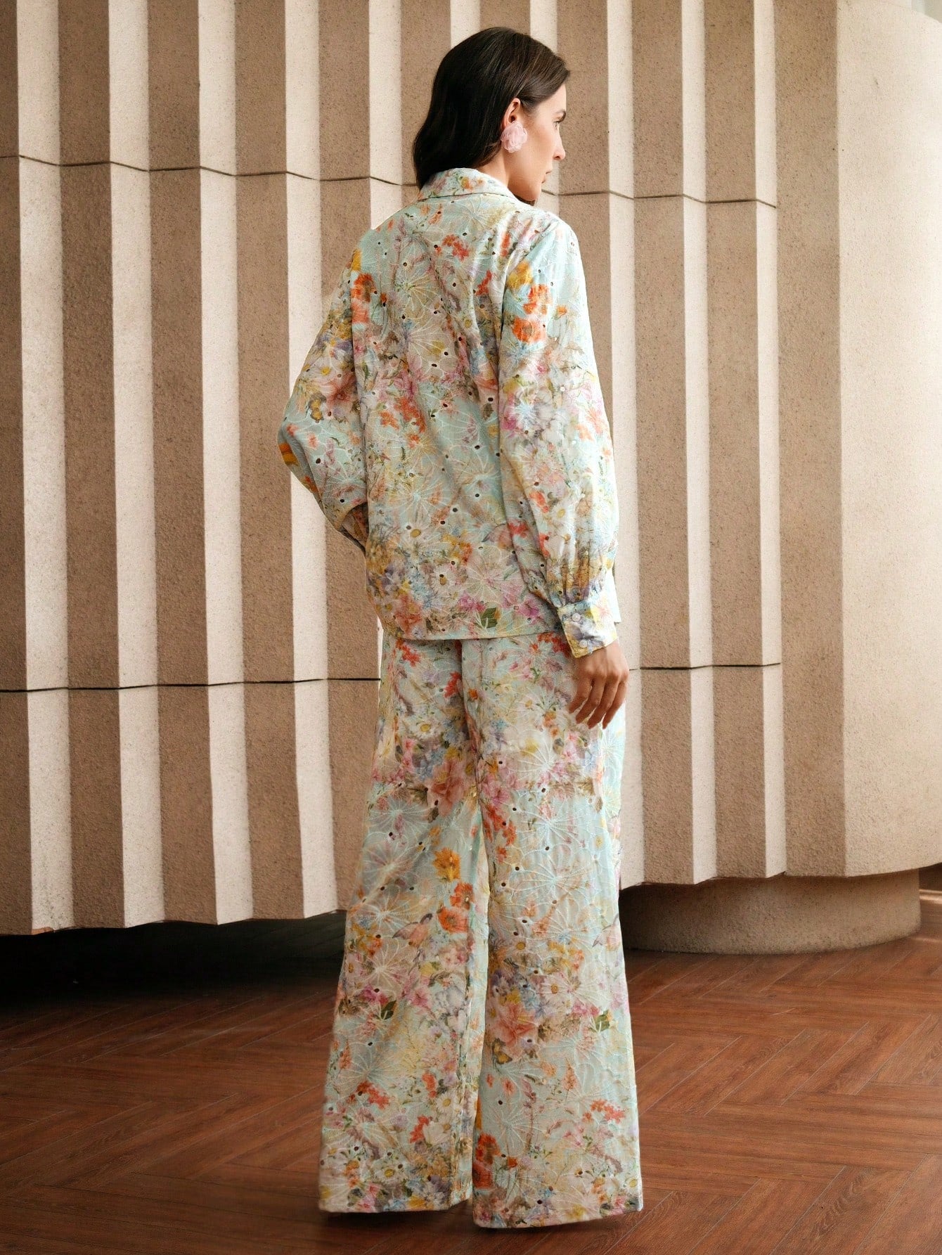 Multicolour Front Button Long Sleeve Printed Blouse And Pants Co-ord Set