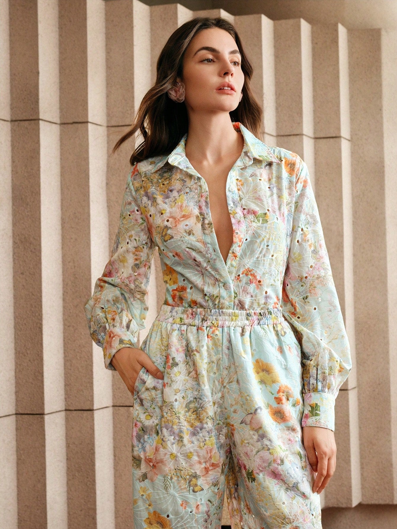 Multicolour Front Button Long Sleeve Printed Blouse And Pants Co-ord Set