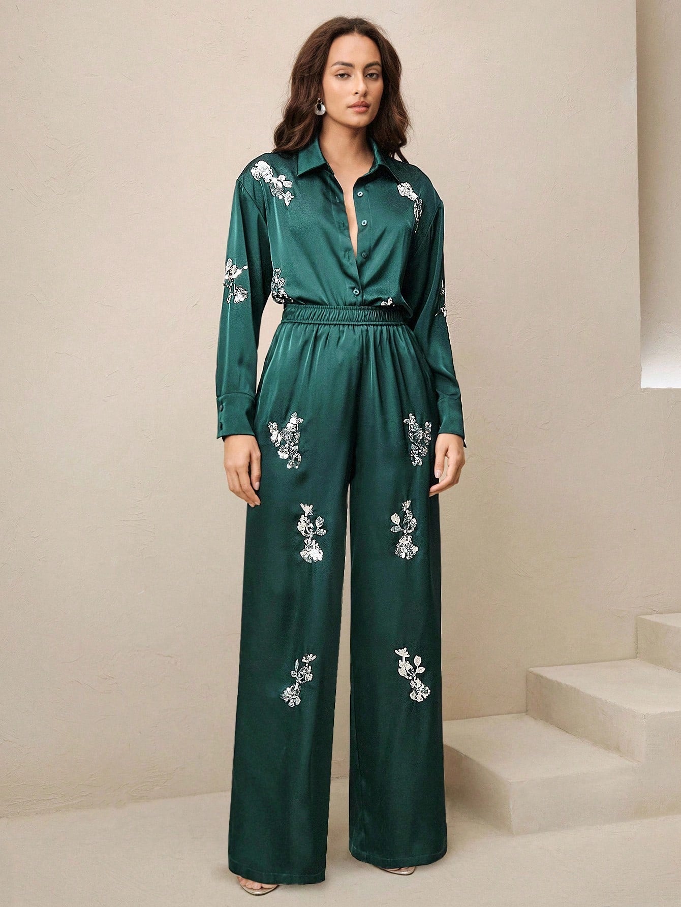 Urban Green Sequin Embroidered Shirt And Pants Co-ord Set
