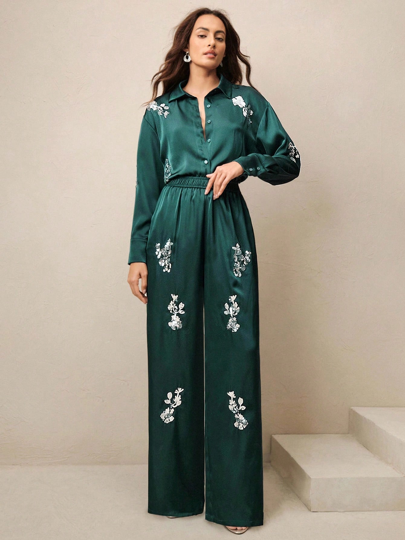 Urban Green Sequin Embroidered Shirt And Pants Co-ord Set