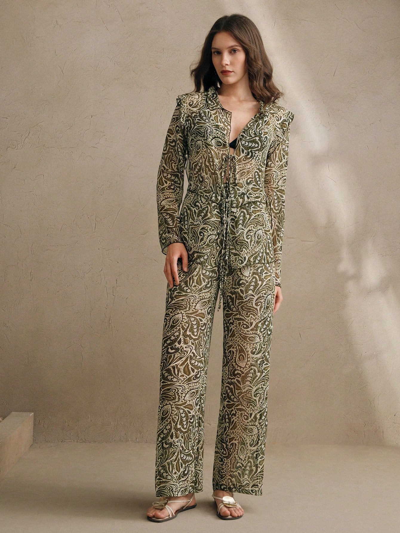 Yacht Beach Vacation Casual Plant Floral Tie Front Co-ord Set