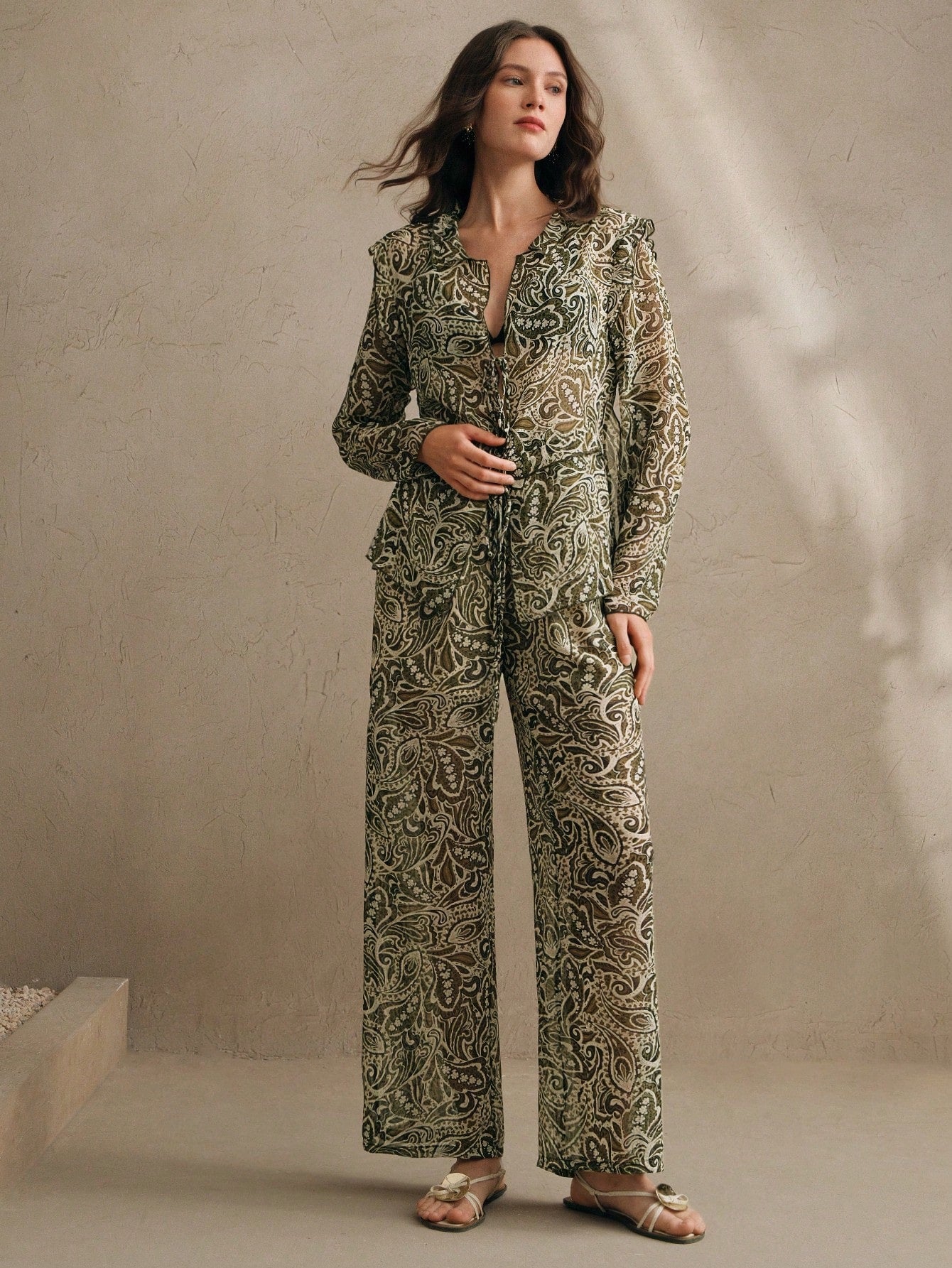 Yacht Beach Vacation Casual Plant Floral Tie Front Co-ord Set