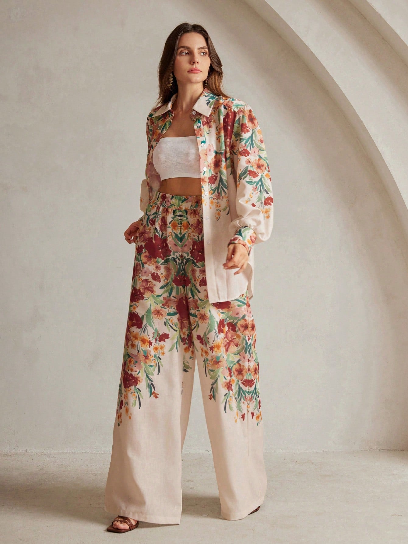 Women's Floral Print Vacation Shirt And Pants Set