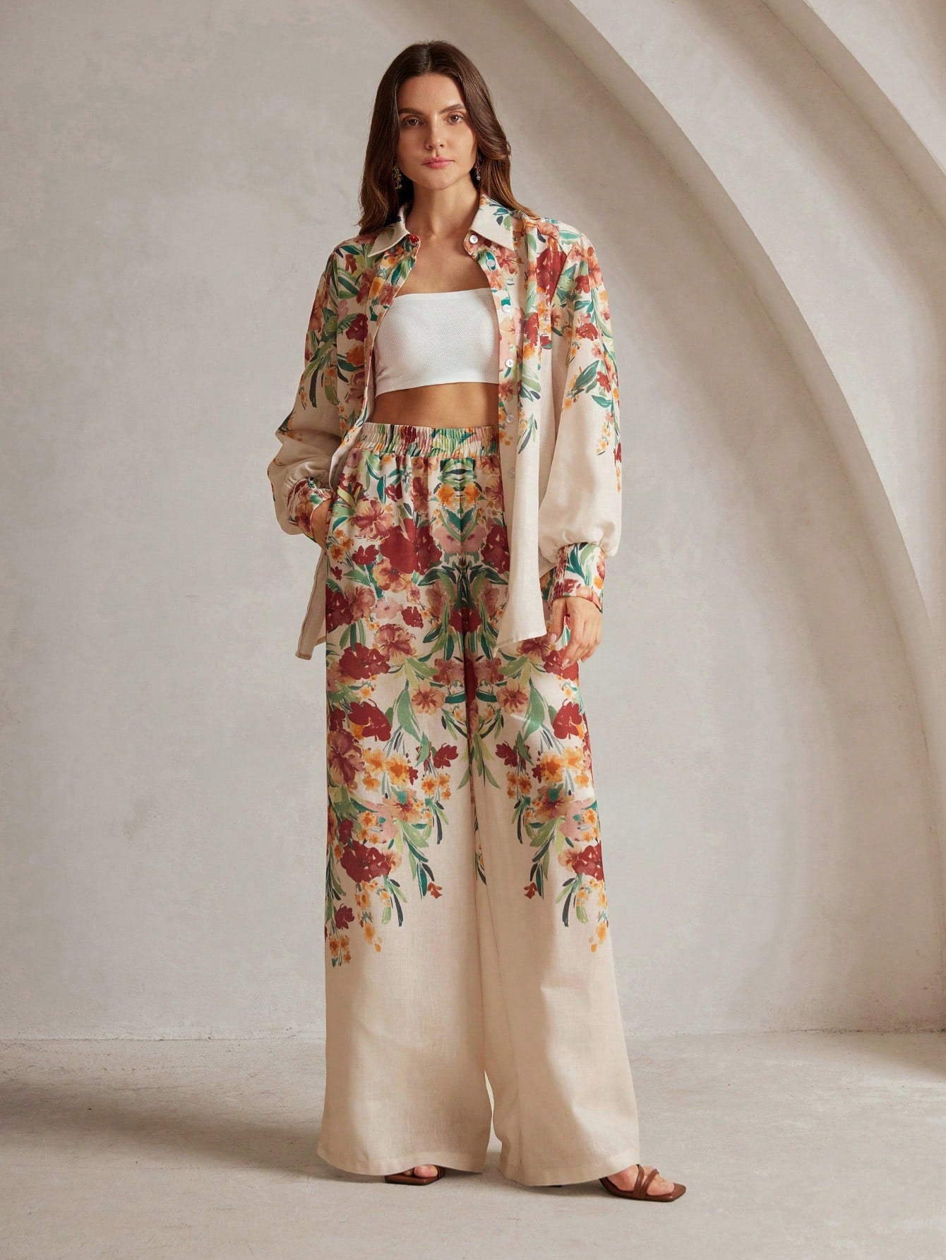 Women's Floral Print Vacation Shirt And Pants Set