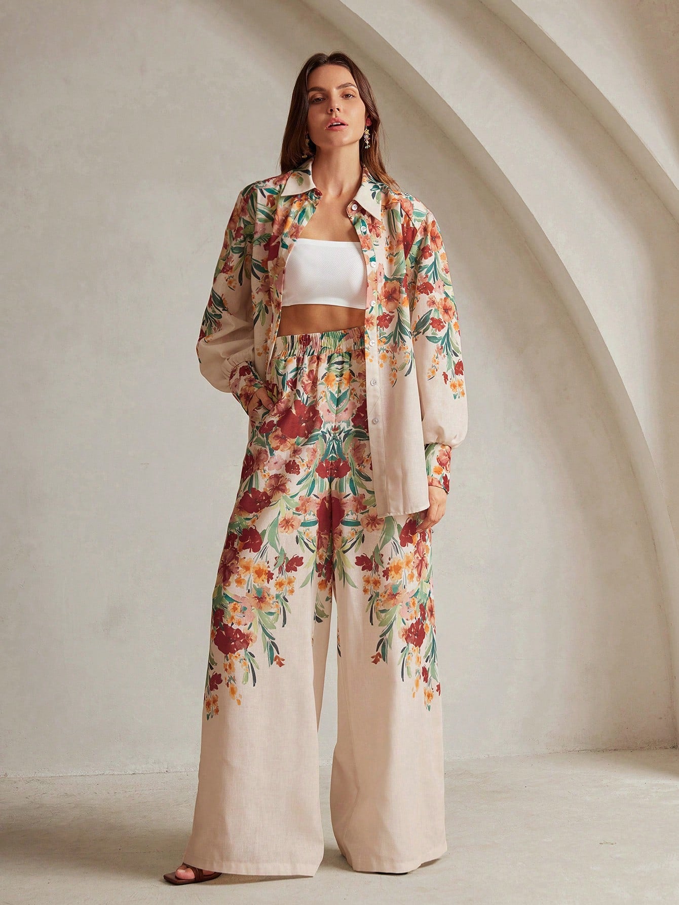 Women's Floral Print Vacation Shirt And Pants Set