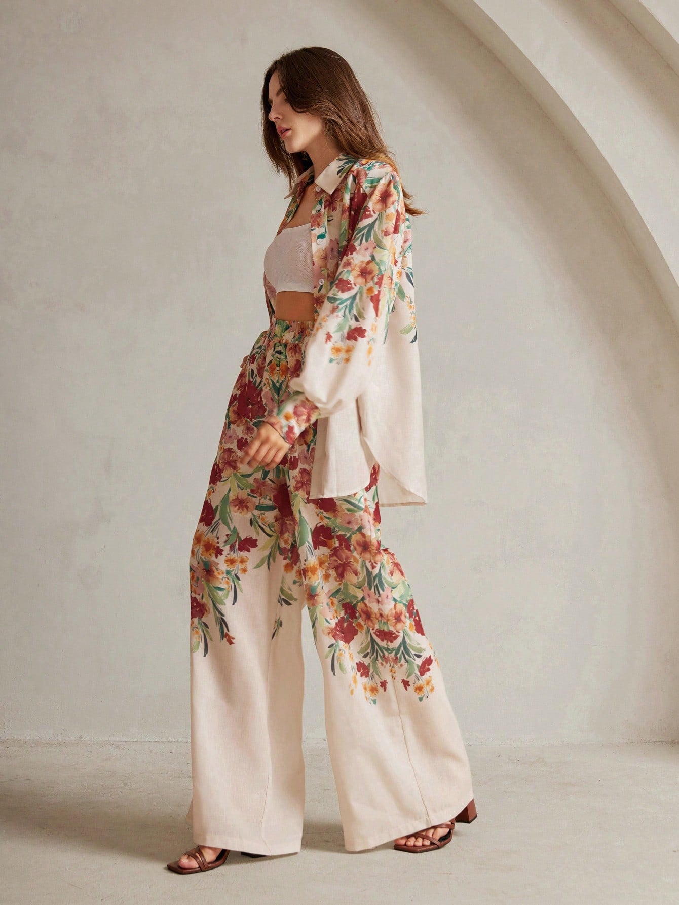 Women's Floral Print Vacation Shirt And Pants Set