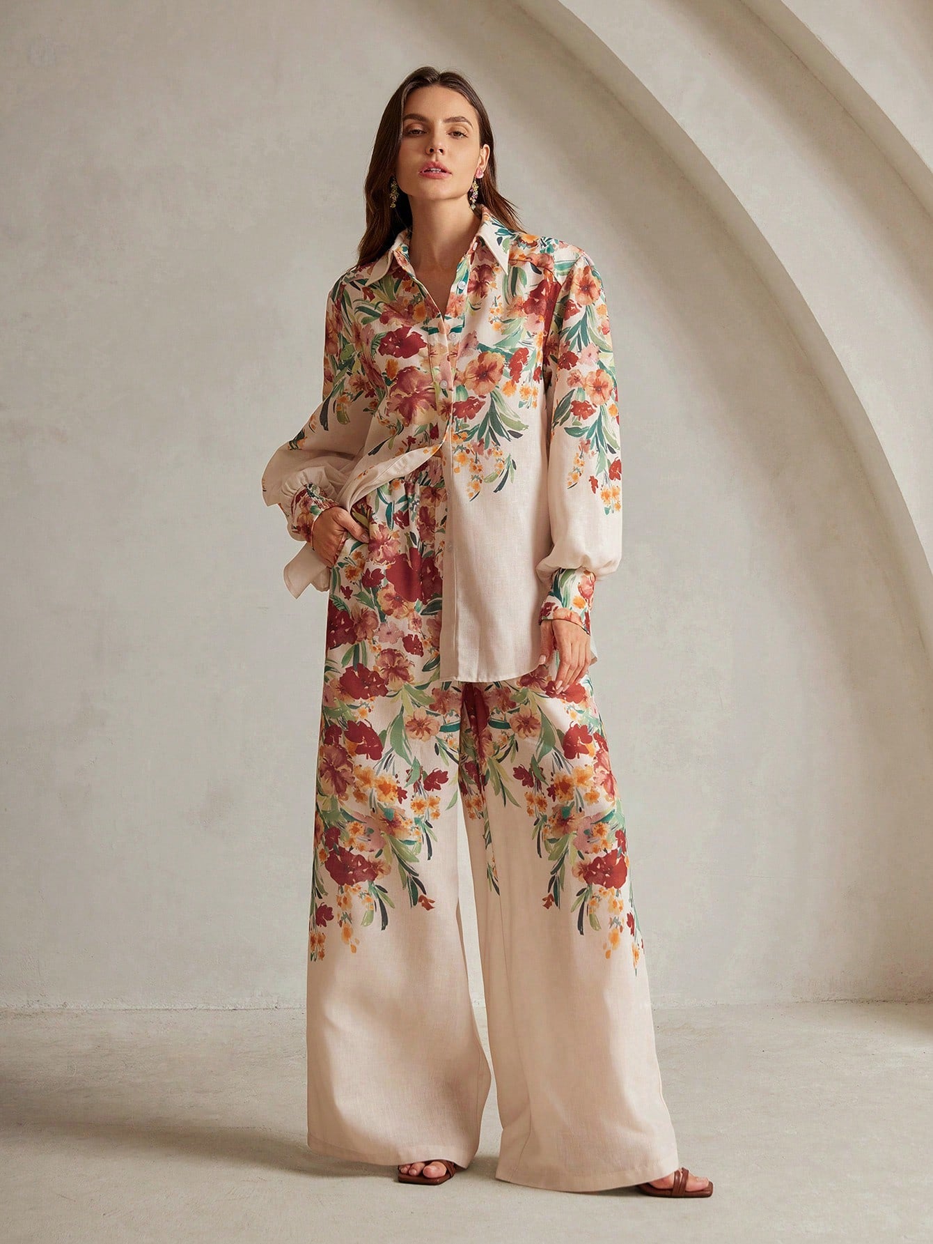 Women's Floral Print Vacation Shirt And Pants Set