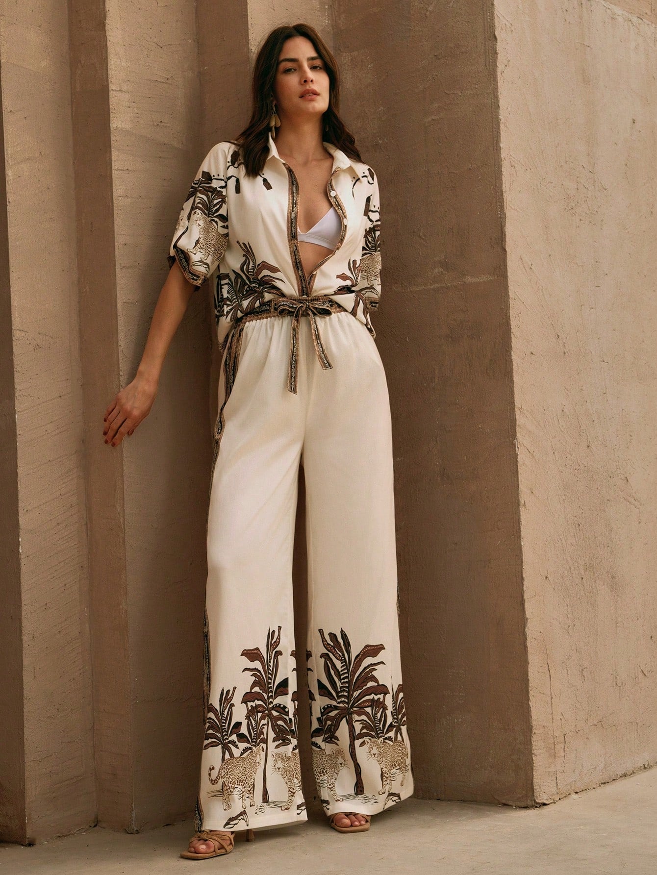 Vintage-Style Printed Blouse And Wide Leg Pants Two Pieces Set
