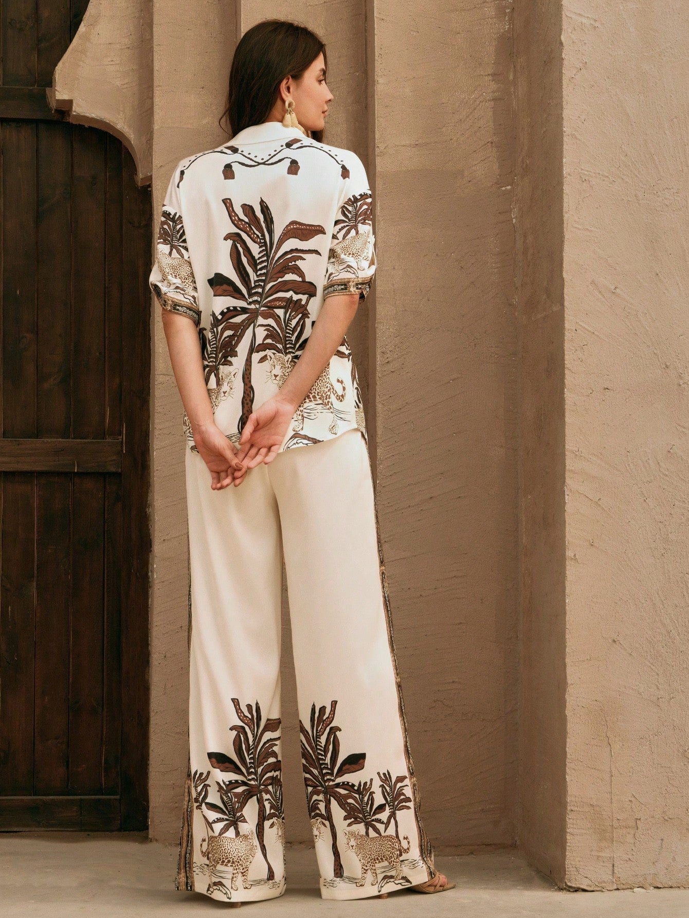 Vintage-Style Printed Blouse And Wide Leg Pants Two Pieces Set