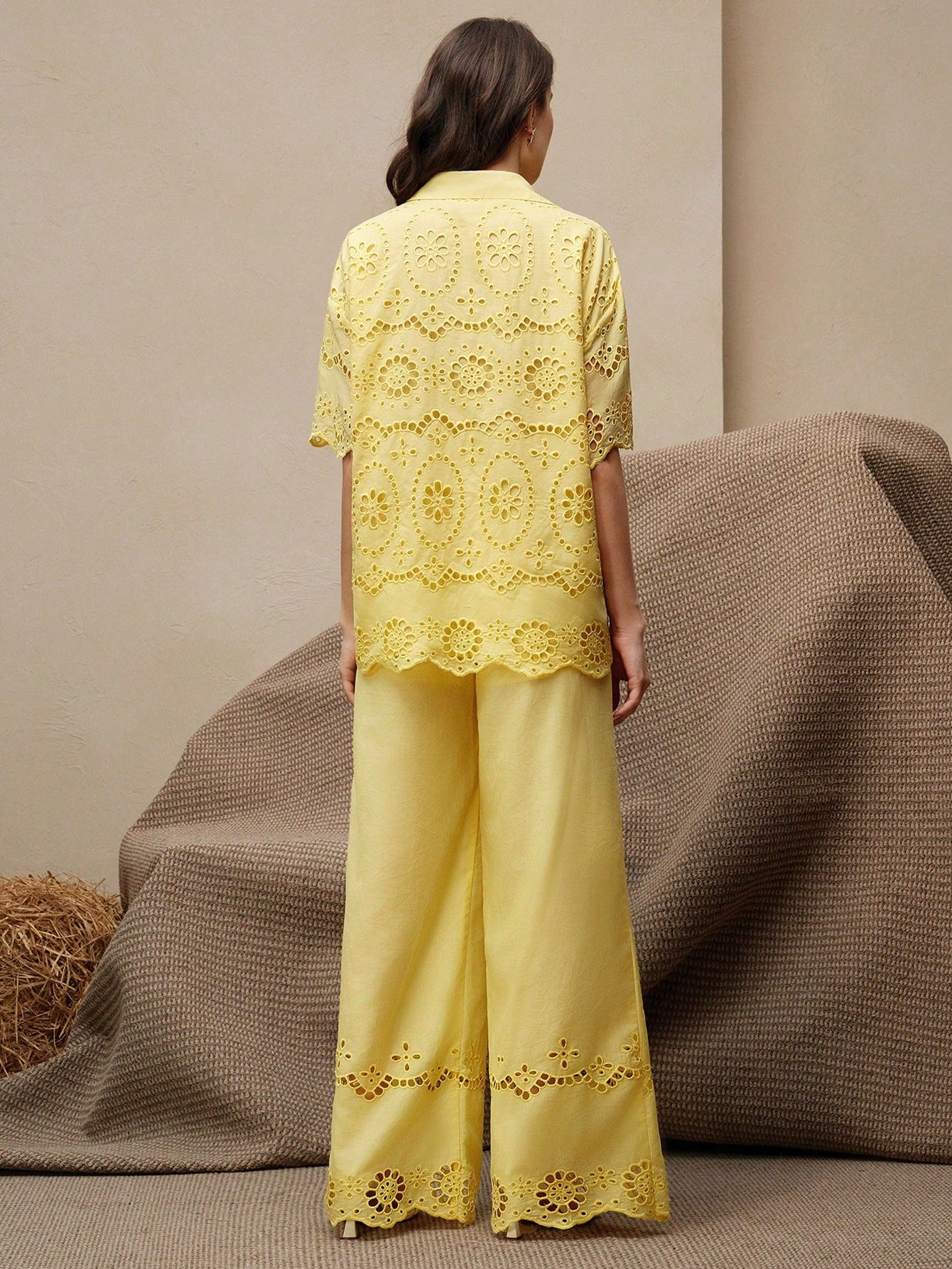 Wave Embroidery Openwork Shirt & Wide Leg Pants Co-ord Set