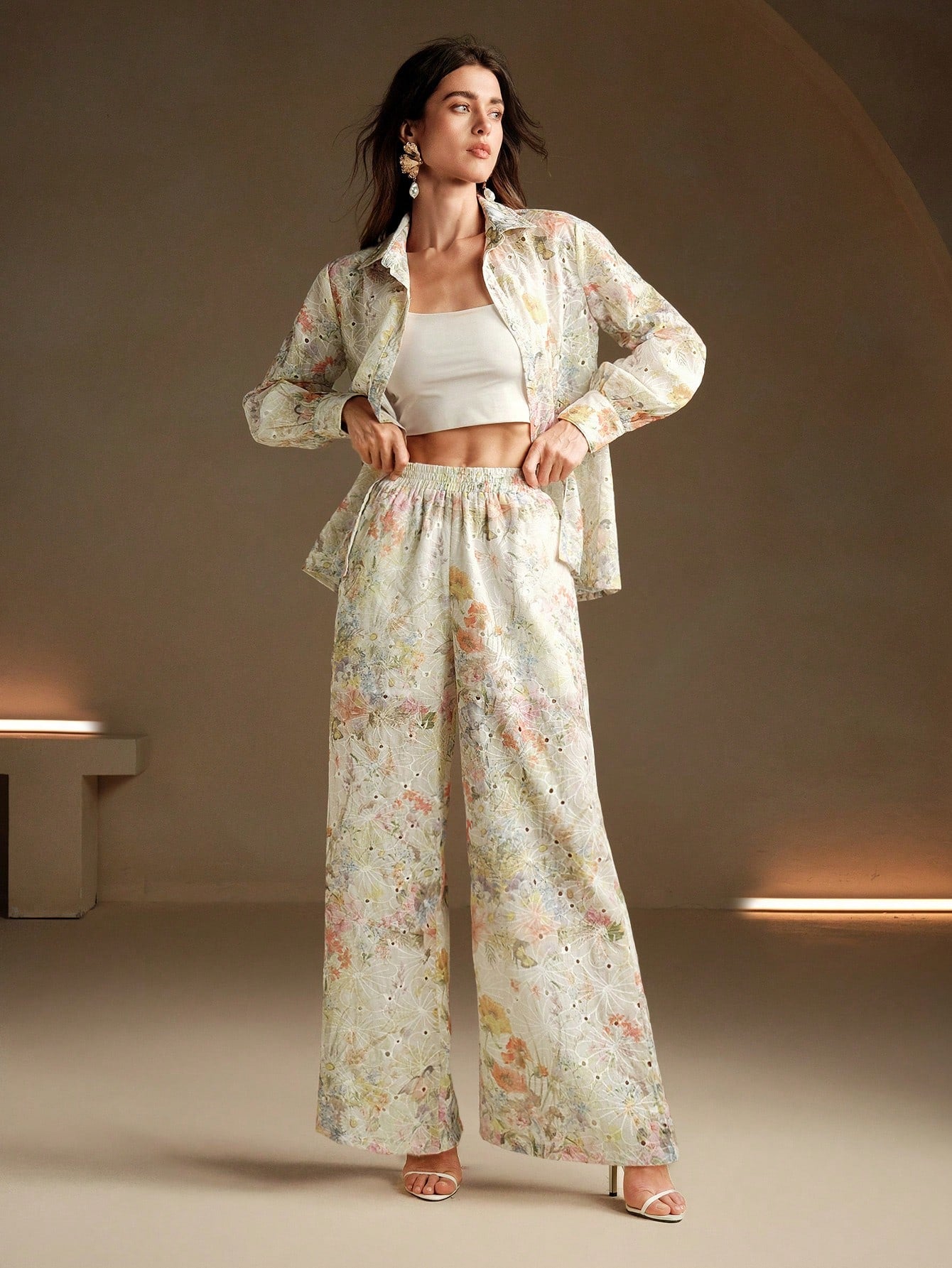 Floral Embroidery Long Sleeve Button-Down Shirt And Wide Leg Pant