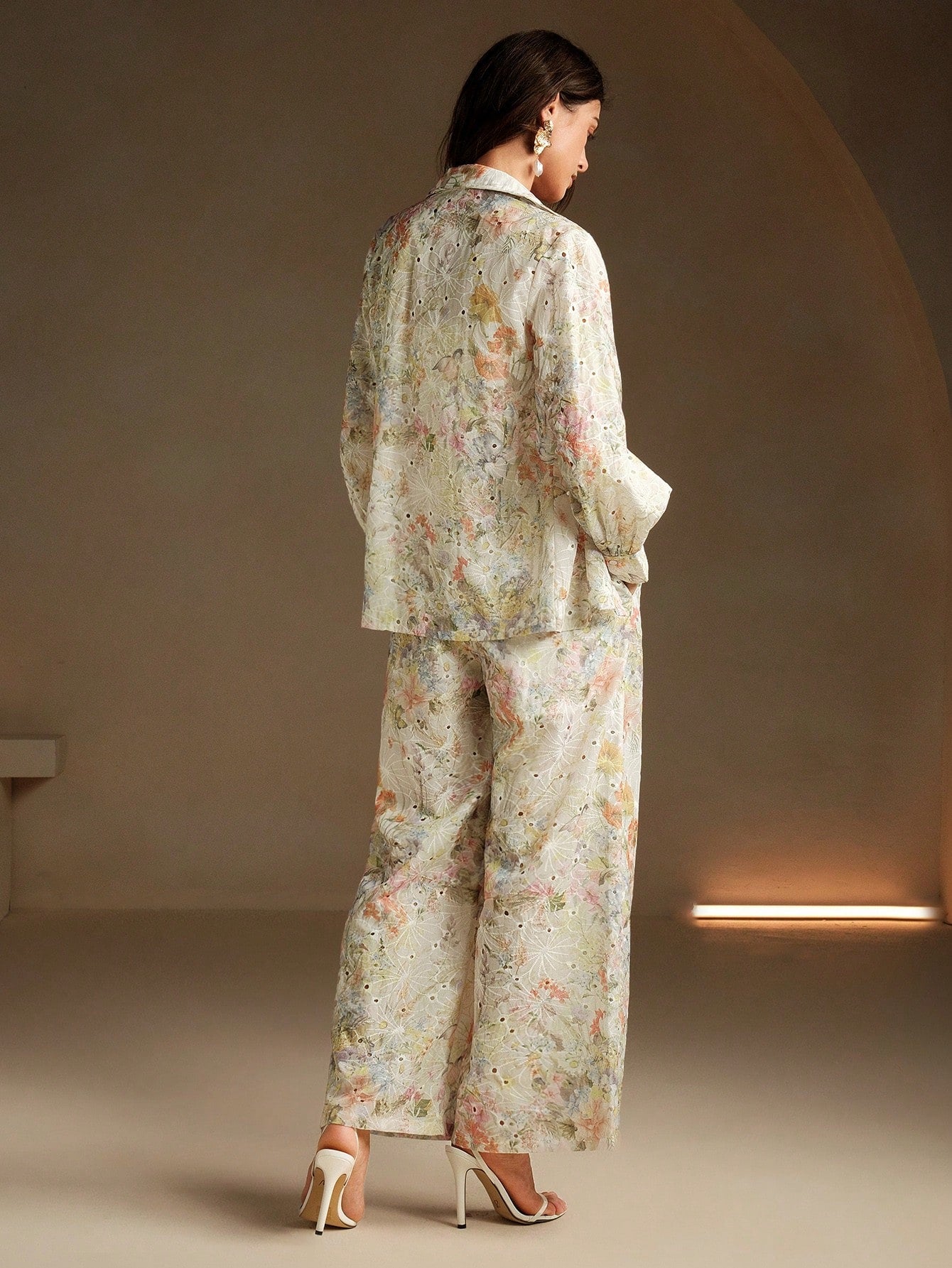 Floral Embroidery Long Sleeve Button-Down Shirt And Wide Leg Pant