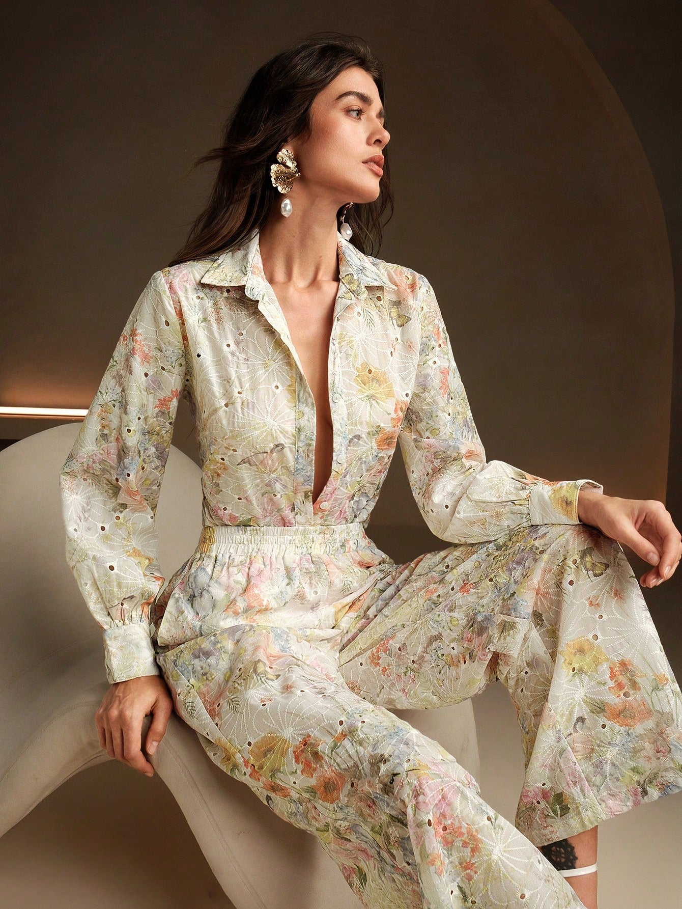 Floral Embroidery Long Sleeve Button-Down Shirt And Wide Leg Pant
