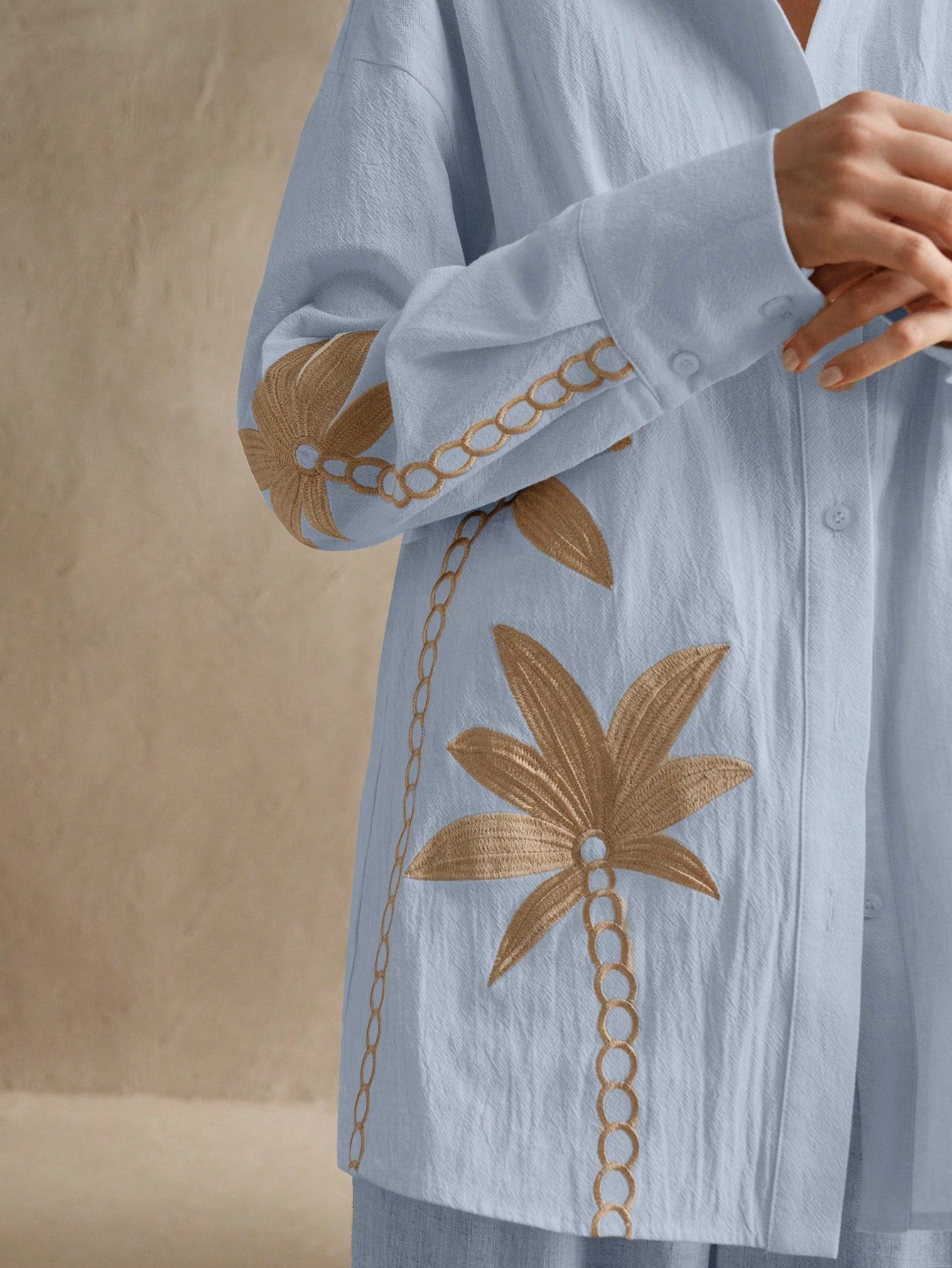 Baby Blue Woven Craft Embroidered Apricot Long Sleeved Co-ord Set