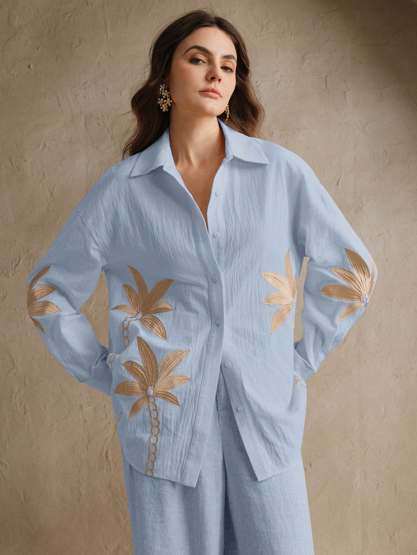 Baby Blue Woven Craft Embroidered Apricot Long Sleeved Co-ord Set