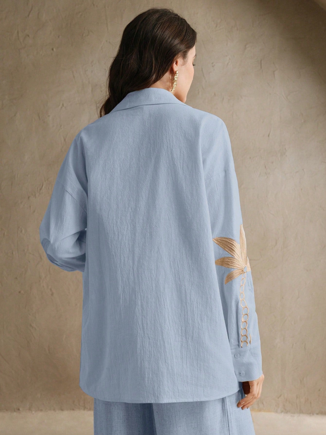 Baby Blue Woven Craft Embroidered Apricot Long Sleeved Co-ord Set