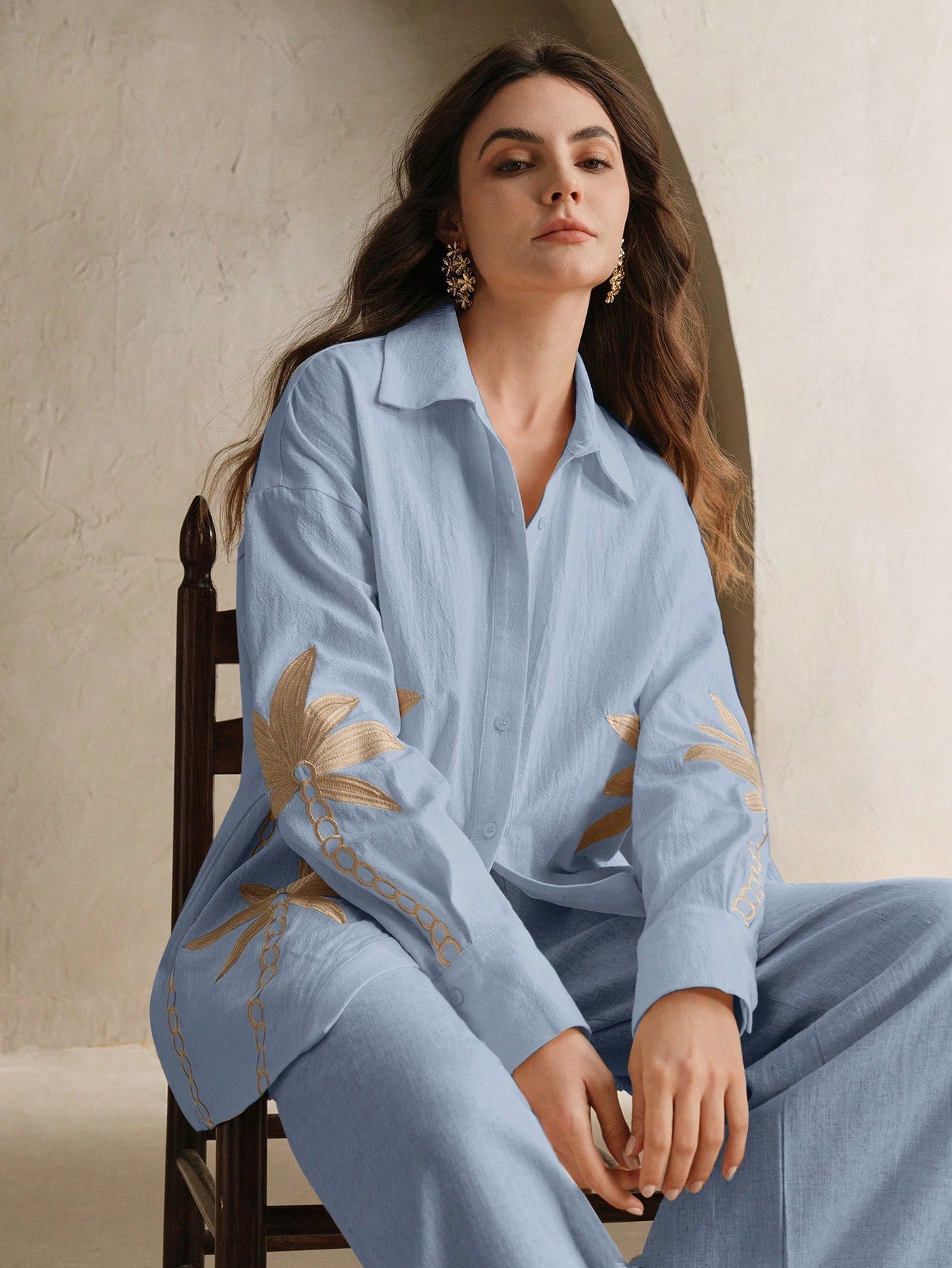 Baby Blue Woven Craft Embroidered Apricot Long Sleeved Co-ord Set