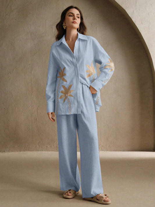 Baby Blue Woven Craft Embroidered Apricot Long Sleeved Co-ord Set