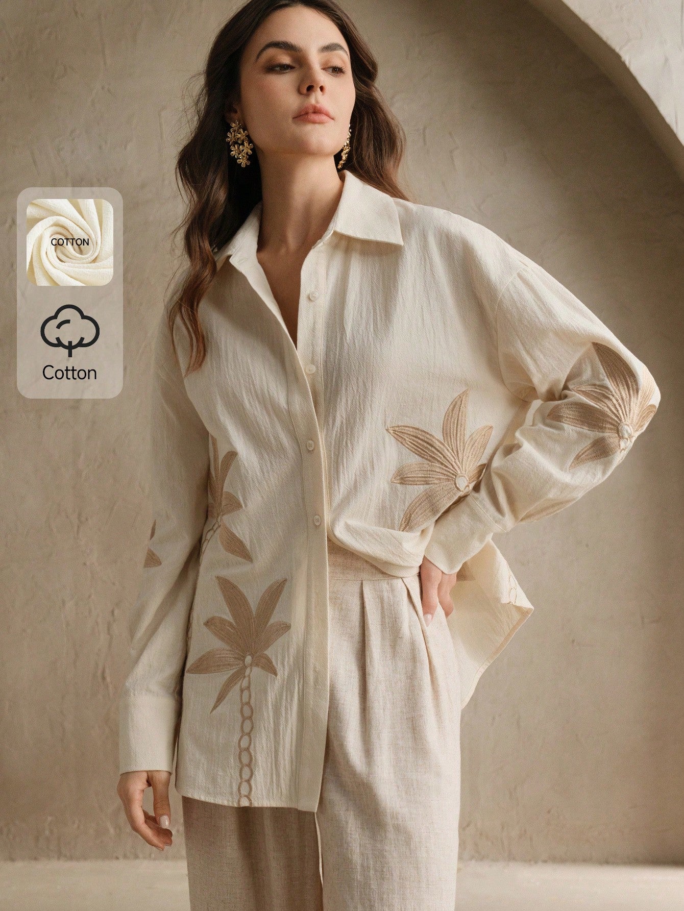 Beige Woven Craft Embroidered Apricot Long Sleeved Co-ord Set