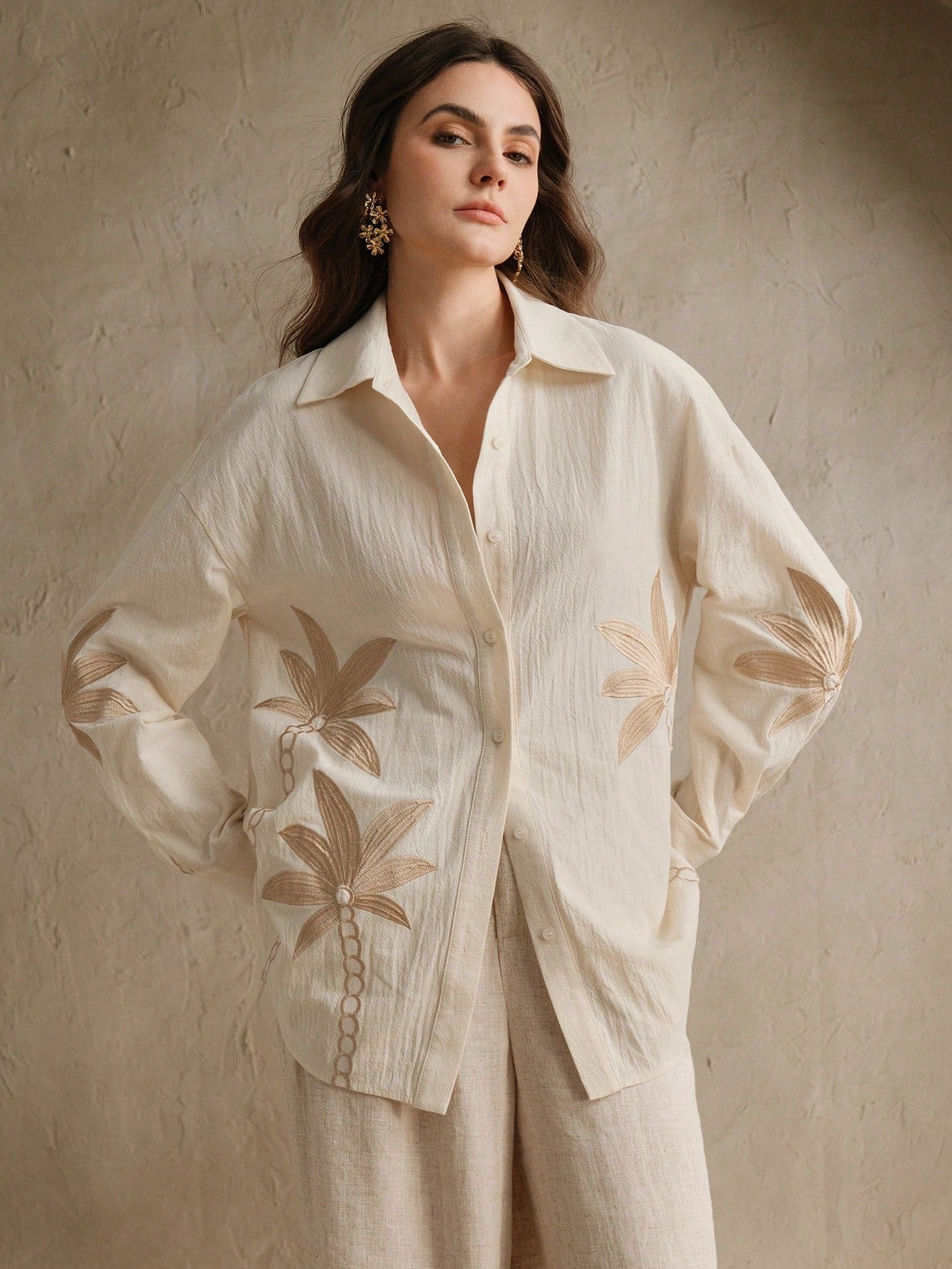 Beige Woven Craft Embroidered Apricot Long Sleeved Co-ord Set