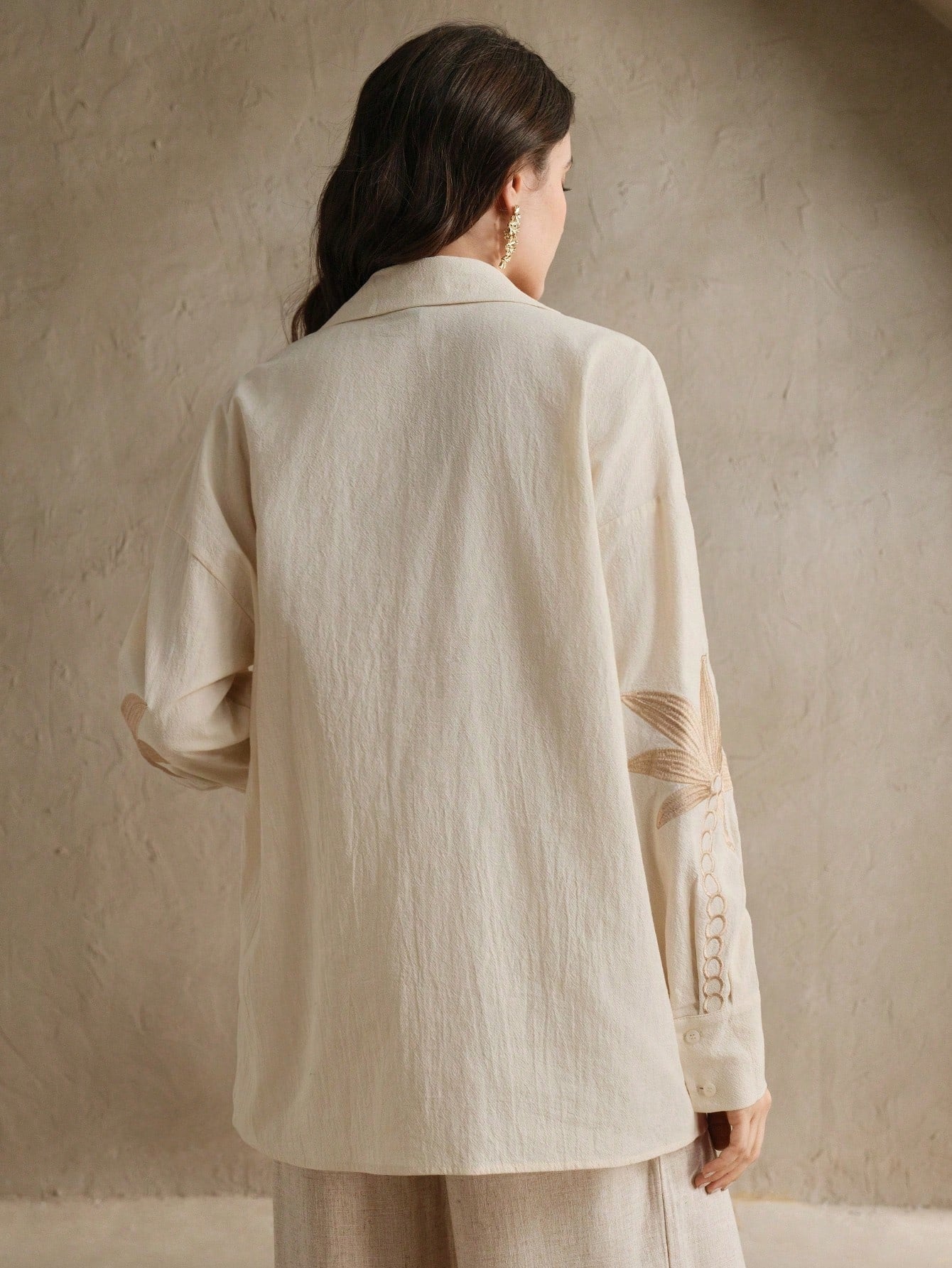 Beige Woven Craft Embroidered Apricot Long Sleeved Co-ord Set