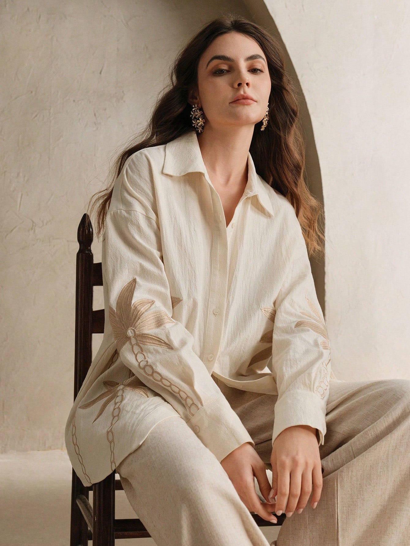 Beige Woven Craft Embroidered Apricot Long Sleeved Co-ord Set