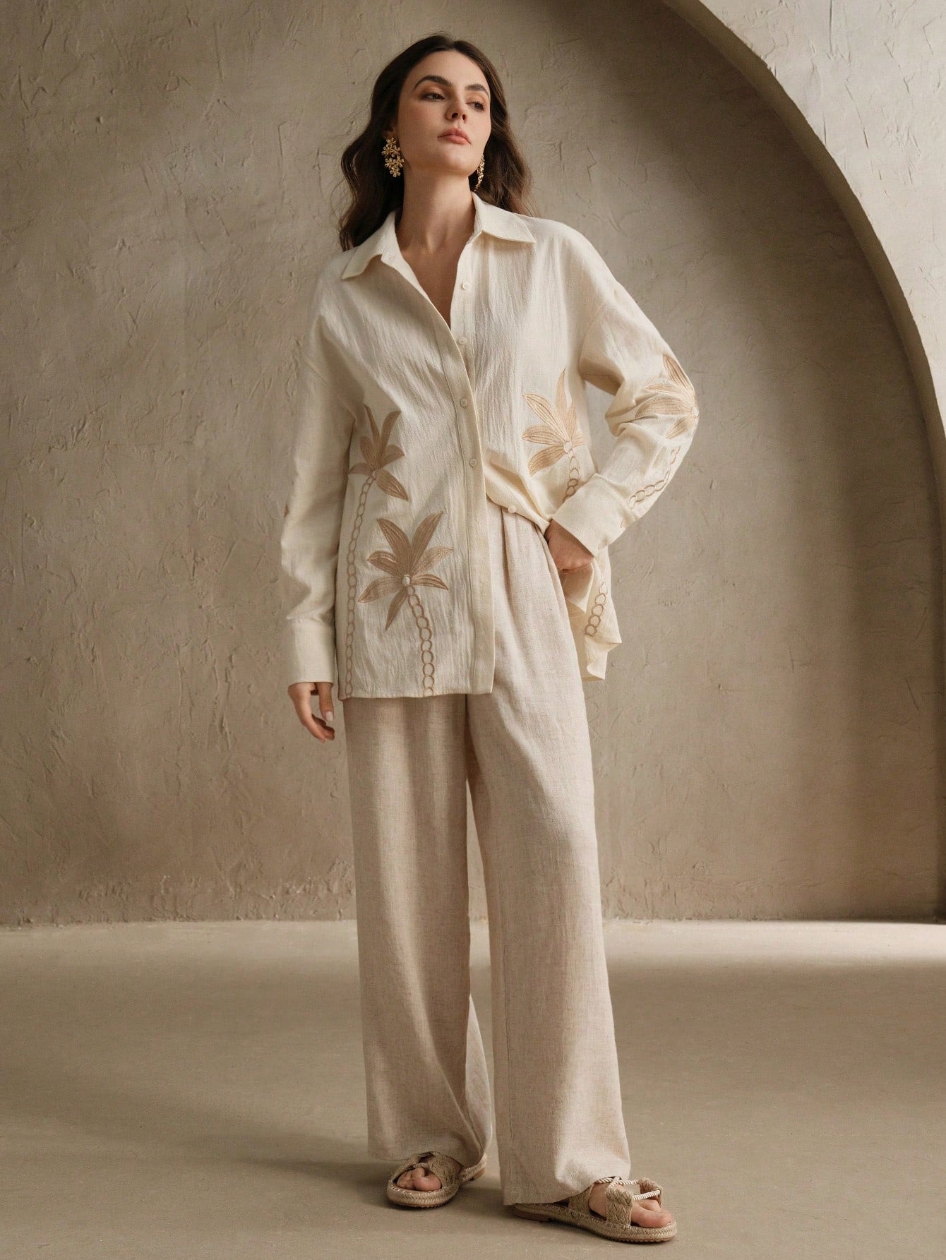 Beige Woven Craft Embroidered Apricot Long Sleeved Co-ord Set