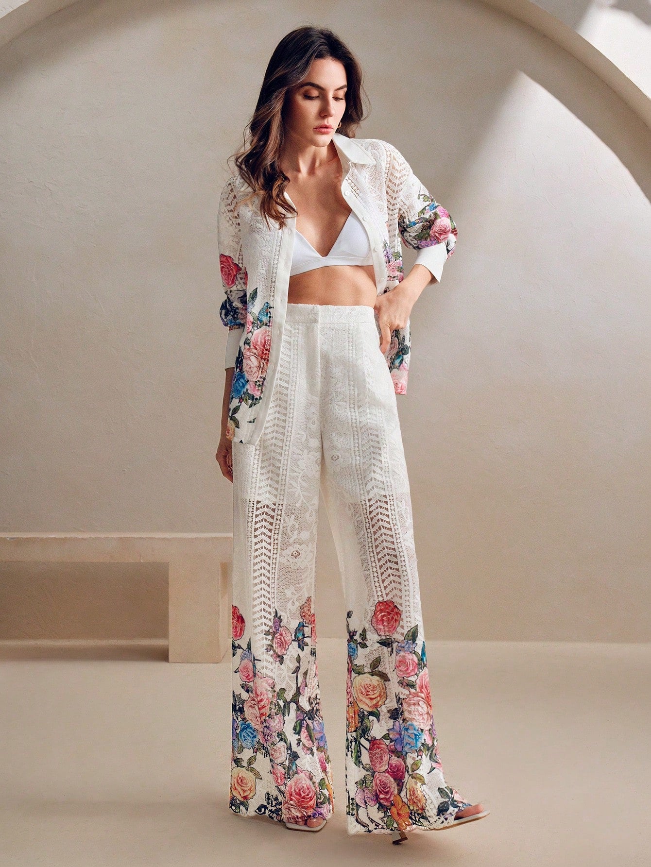 Colorful Print Lace Casual Long Sleeve Shirt And Wide Leg Pants Set