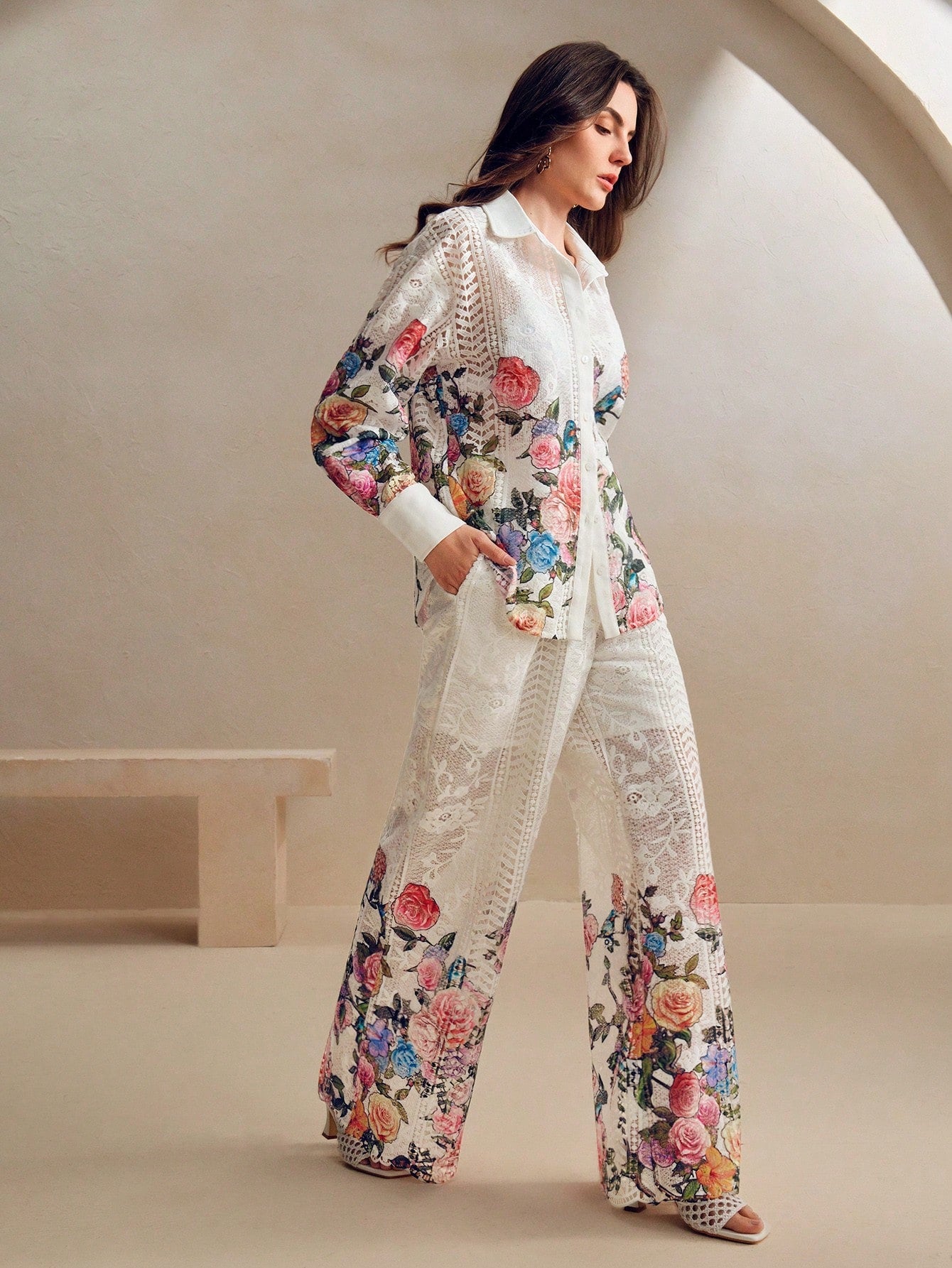 Colorful Print Lace Casual Long Sleeve Shirt And Wide Leg Pants Set
