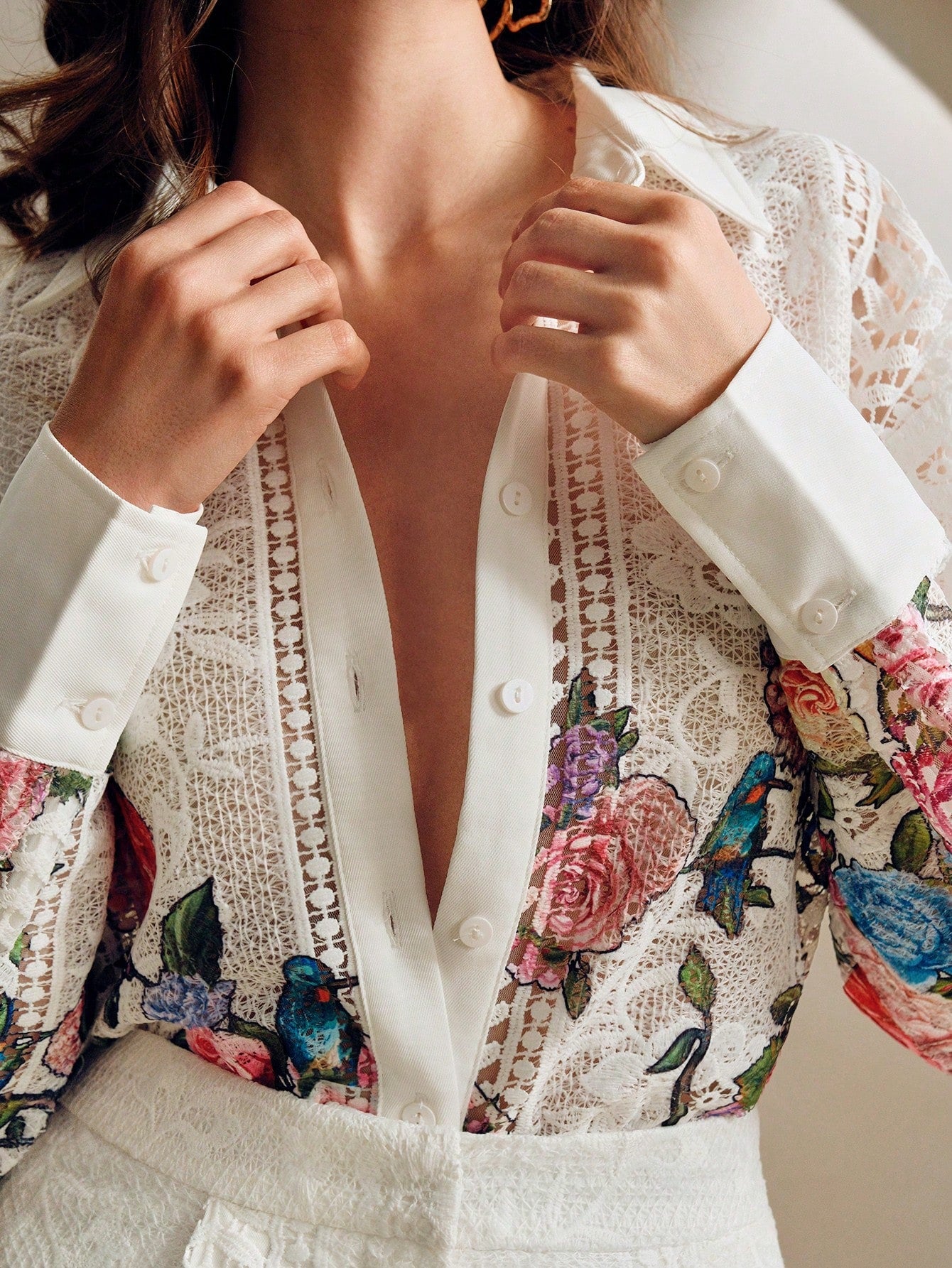 Colorful Print Lace Casual Long Sleeve Shirt And Wide Leg Pants Set