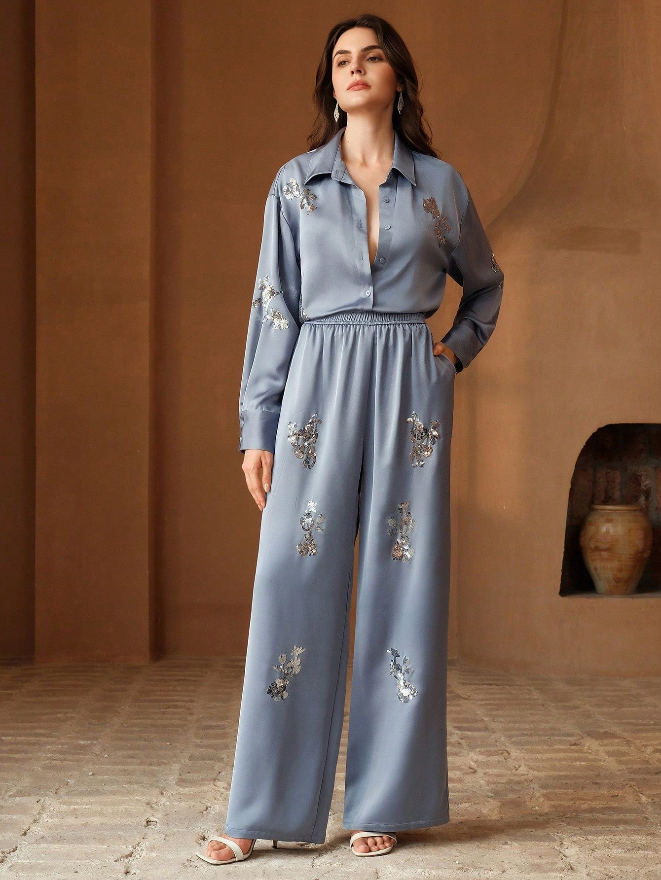 Casual Light Gray Sequin Embroidery Shirt And Pants Set For Women