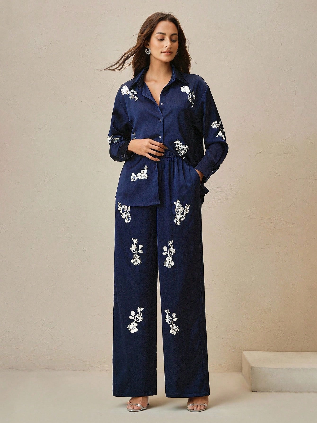 Navy Blue Sequin Embroidery Shirt And Pants Set For Women