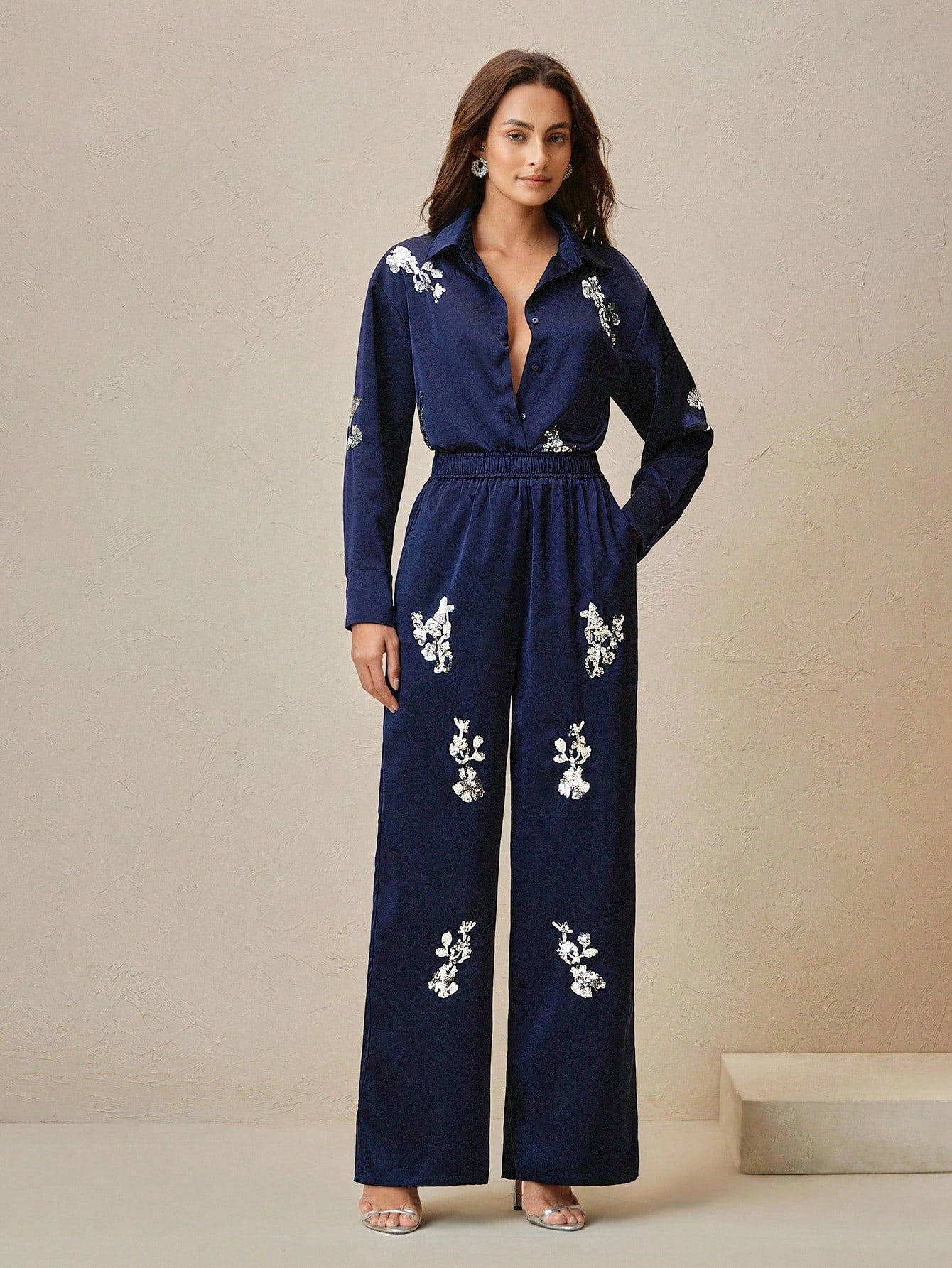 Navy Blue Sequin Embroidery Shirt And Pants Set For Women