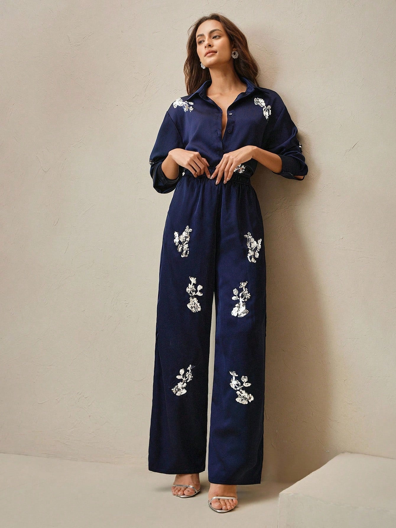 Navy Blue Sequin Embroidery Shirt And Pants Set For Women