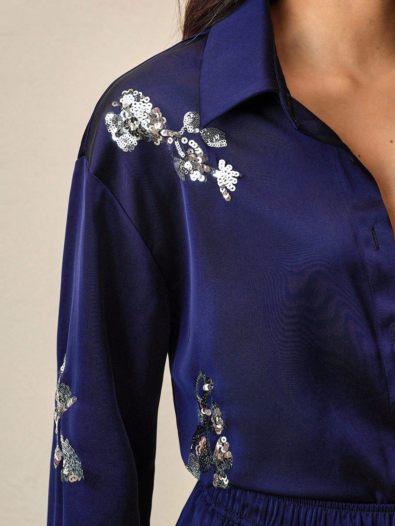 Navy Blue Sequin Embroidery Shirt And Pants Set For Women