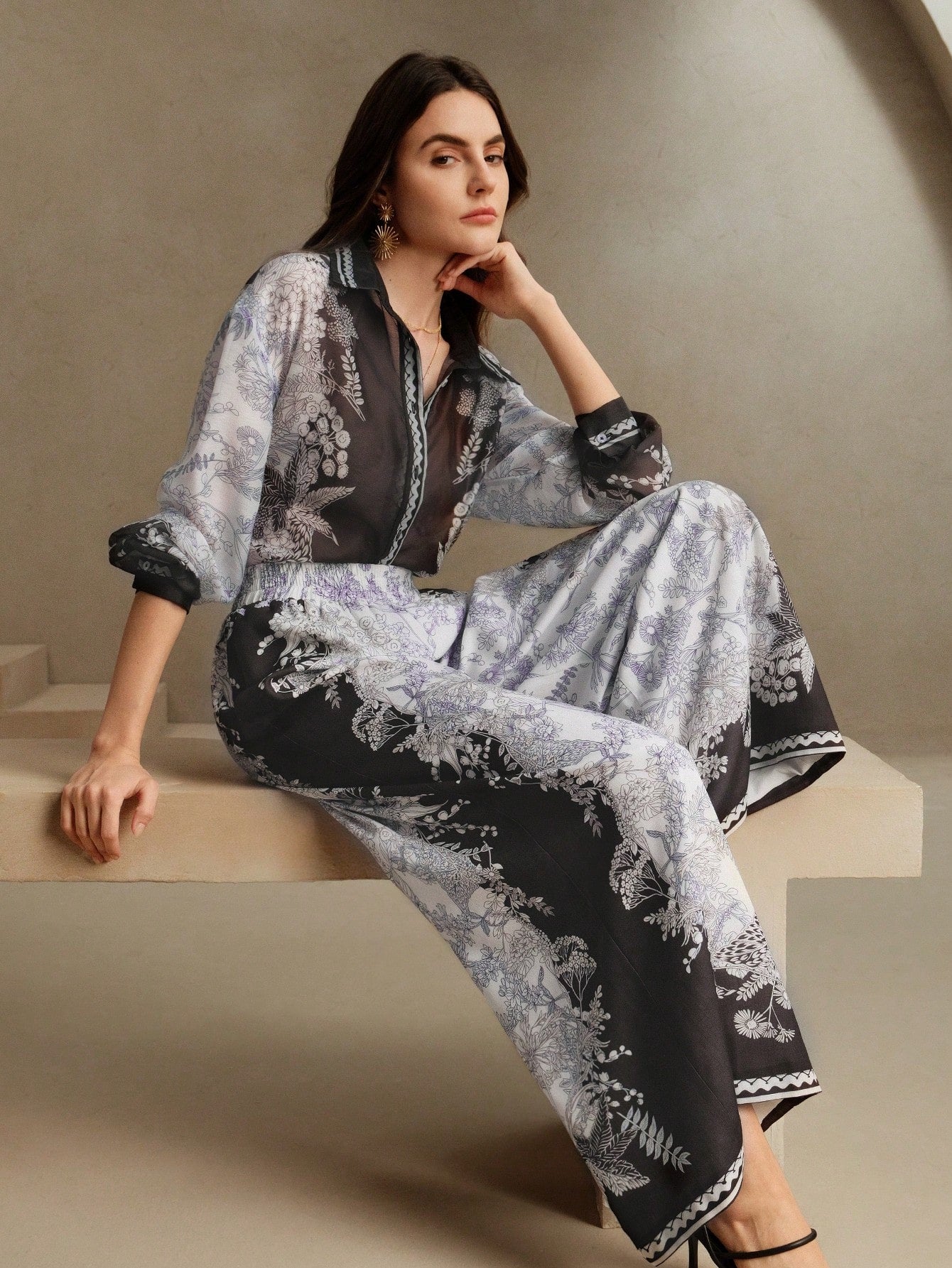 Floral Print Color-Blocked Chiffon Long Sleeve Co-ord Set