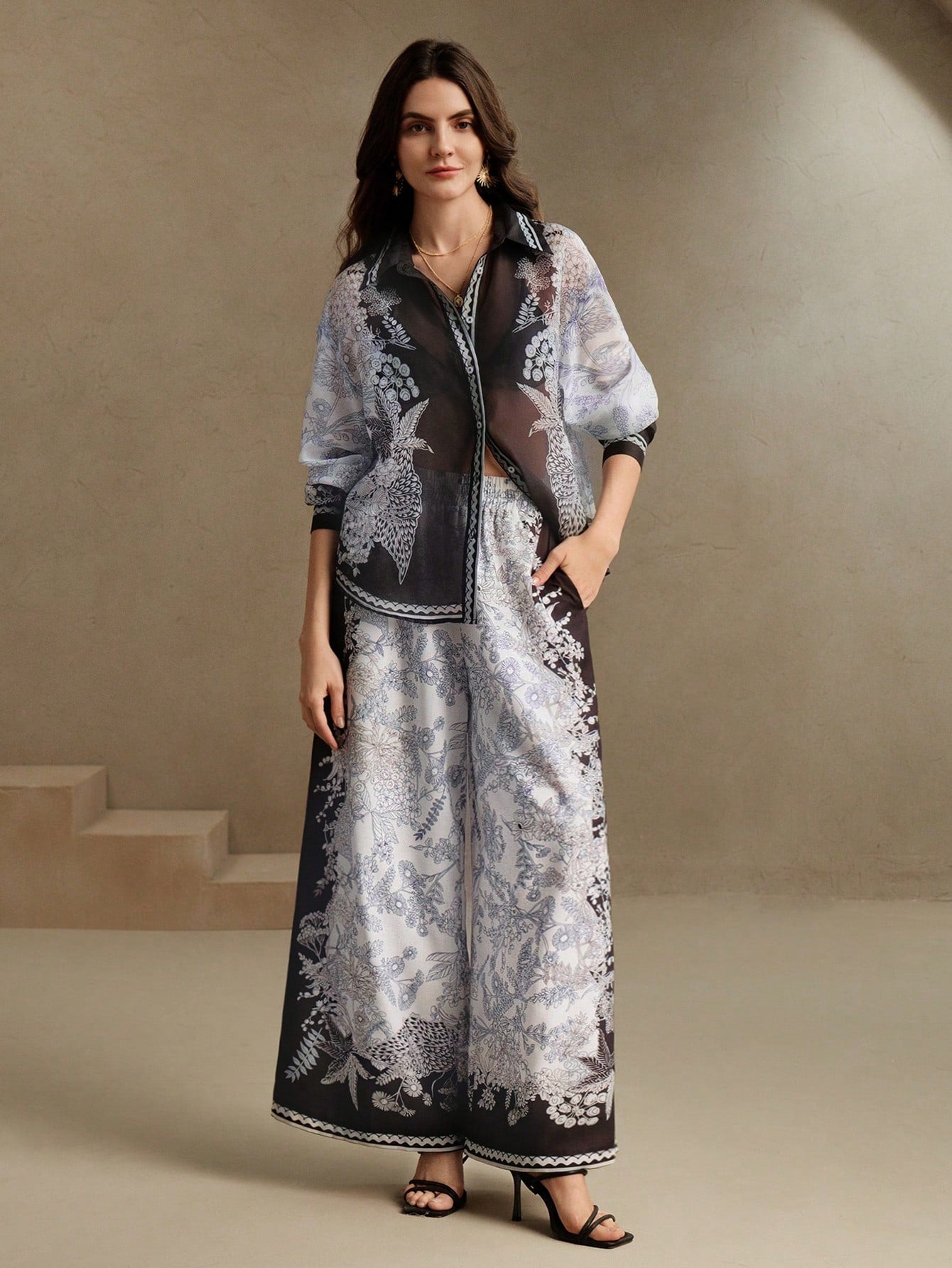 Floral Print Color-Blocked Chiffon Long Sleeve Co-ord Set