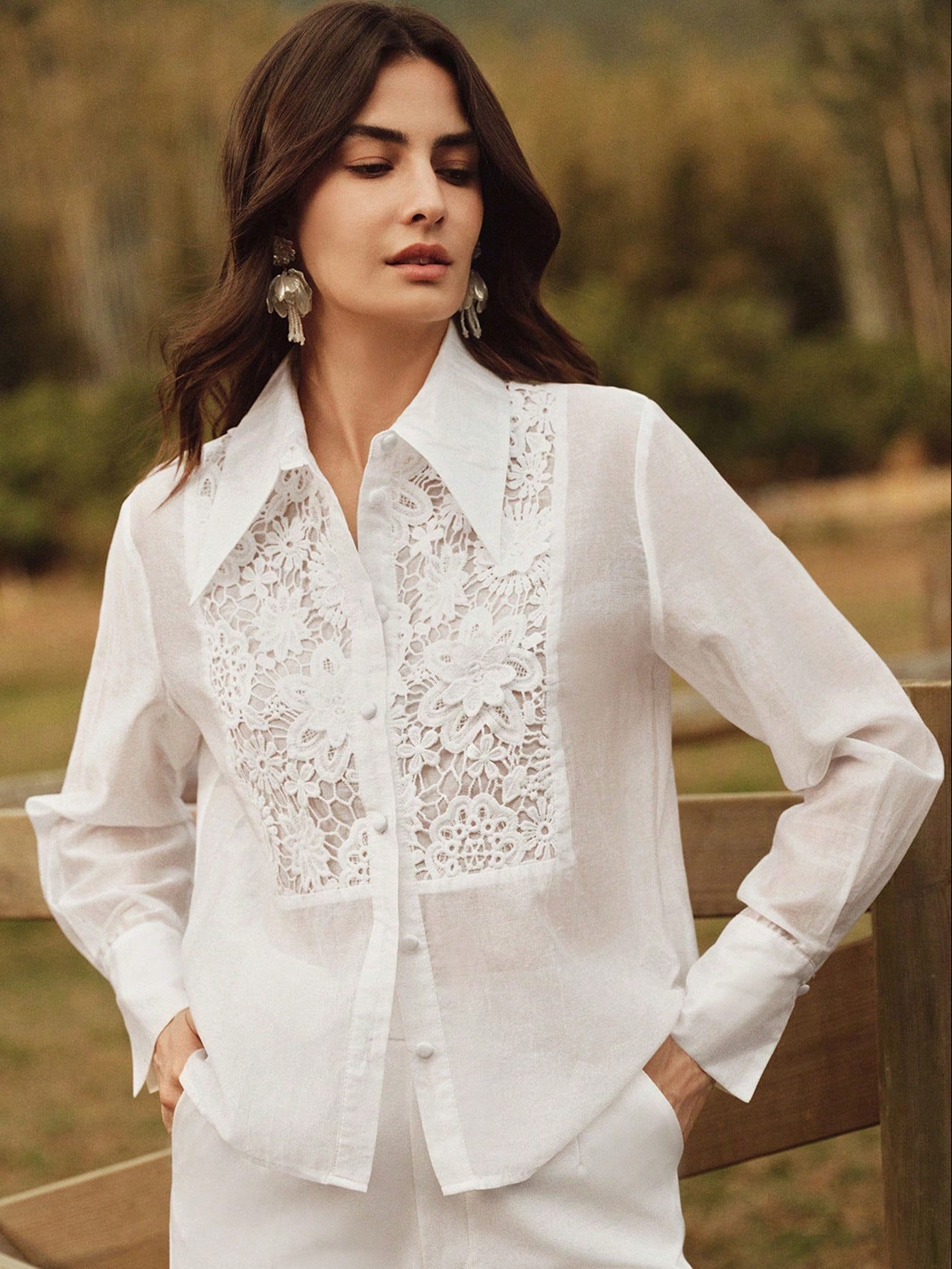 Women's White Lace Applique Turndown Collar Co-ord Set
