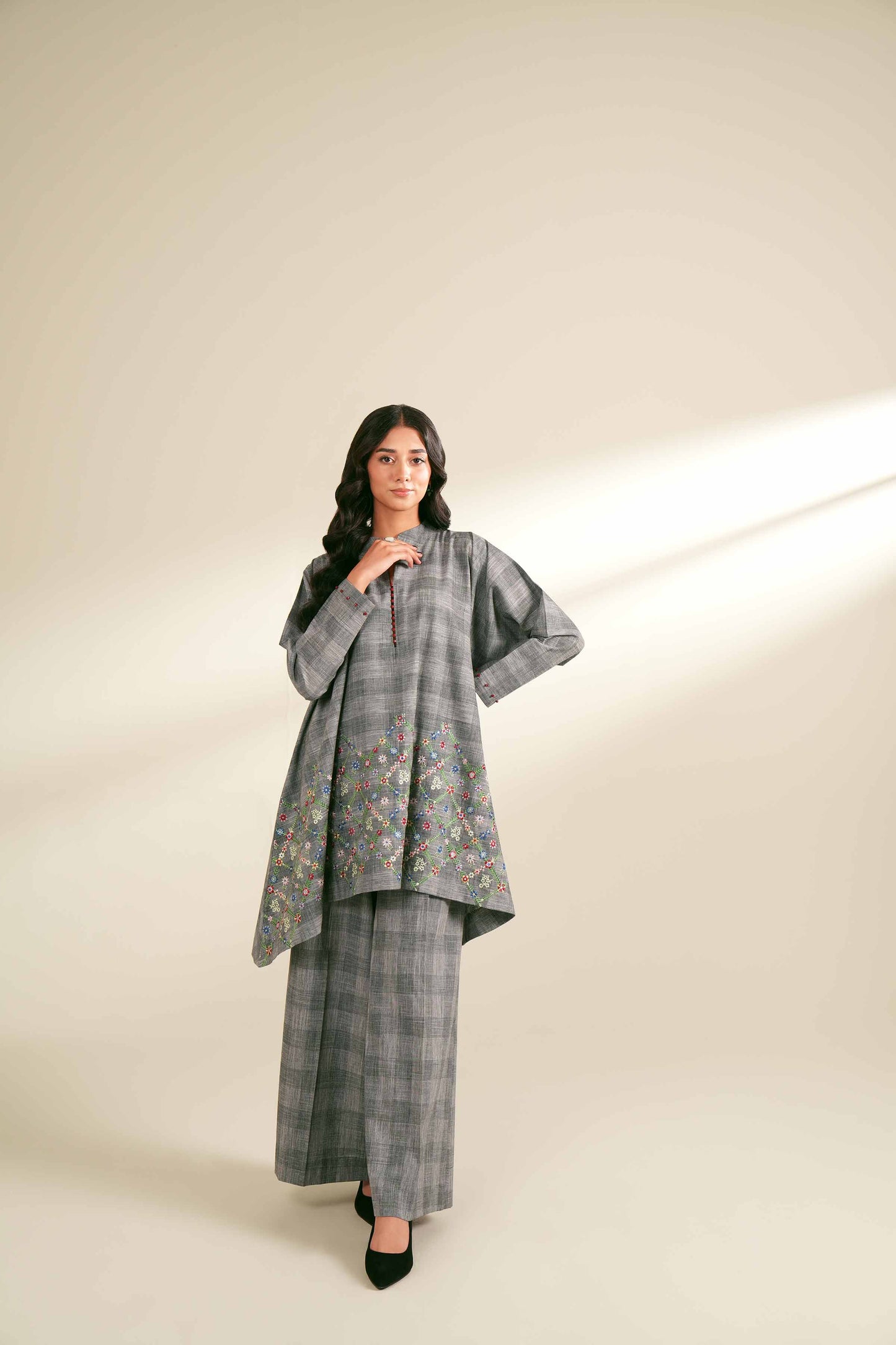 Grey Plaid & Multicolor Embroidered Co-ord Suit