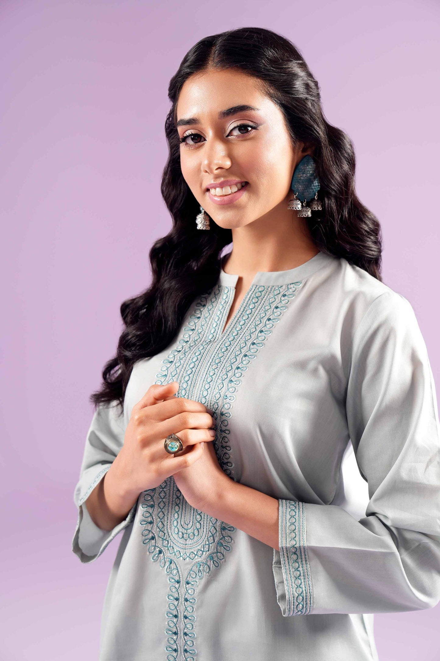 Silver Mist Embroidered Co-ord Set – Soft Grey Elegance